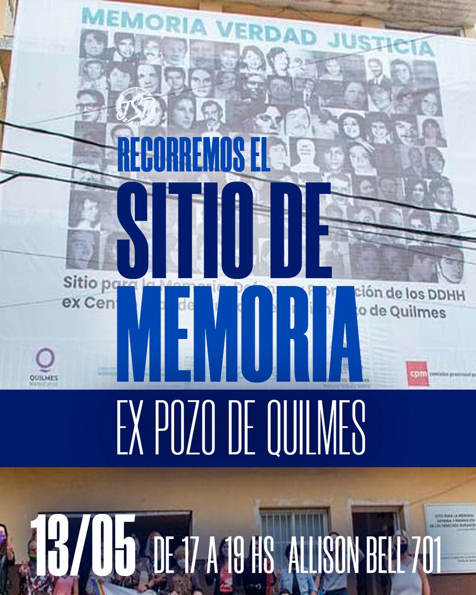 Mañana 13 de mayo a las 17Hs nos citamos en uno de los EX CENTROS DE DETENCIÓN Y MATERNIDAD CLANDESTINA del terrorismo de estado ejercido por la última dictadura cívico-militar, el POZO DE QUILMES.

MEMORIA
#juventudsindicalperonista