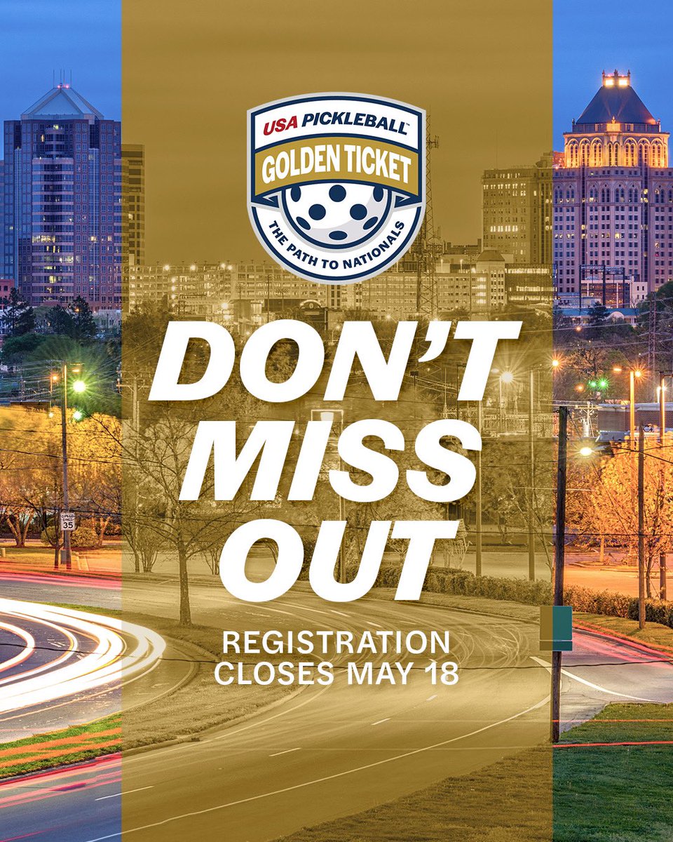 USA Pickleball (@usapickleball) on Twitter photo Greensboro, don’t miss your shot!
Register before May 18th for our Greensboro Golden Ticket Tournament and get the chance to punch your ticket to Nationals! 🎟️
📍 <a href="/gsocomplex/">Greensboro Complex</a>
📆 May 28th-June 1st
See you on the courts!
#Greensboro #GoldenTicket #Pickleball Greensboro, don’t miss your shot!
Register before May 18th for our Greensboro Golden Ticket Tournament and get the chance to punch your ticket to Nationals! 🎟️
📍 <a href="/gsocomplex/">Greensboro Complex</a>
📆 May 28th-June 1st
See you on the courts!
#Greensboro #GoldenTicket #Pickleball