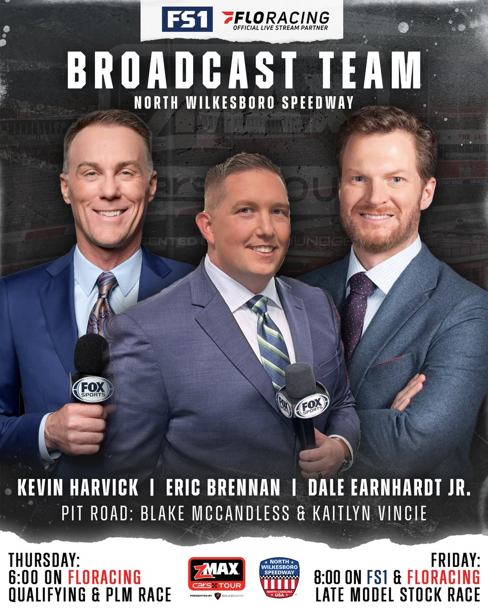 CARS Tour (@carstour) on Twitter photo 𝐌𝐄𝐄𝐓 𝐓𝐇𝐄 𝐓𝐄𝐀𝐌 📺
<a href="/Ebrennan45/">Eric Brennan</a> will be joined by <a href="/KevinHarvick/">Kevin Harvick</a> and <a href="/DaleJr/">Dale Earnhardt Jr.</a> in the booth for 𝘣𝘰𝘵𝘩 races at <a href="/NWBSpeedway/">North Wilkesboro Speedway</a> this week! <a href="/MrF4Speed/">Blake McCandless</a> will cover pit road with <a href="/kaitlynvincie/">Kaitlyn Vincie</a> joining him for the LMSC race.
<a href="/zmaxraceproduc1/">zMAX</a> | <a href="/SoundGearHear/">SoundGear</a> | <a href="/FloRacing/">FloRacing</a> | 𝐌𝐄𝐄𝐓 𝐓𝐇𝐄 𝐓𝐄𝐀𝐌 📺
<a href="/Ebrennan45/">Eric Brennan</a> will be joined by <a href="/KevinHarvick/">Kevin Harvick</a> and <a href="/DaleJr/">Dale Earnhardt Jr.</a> in the booth for 𝘣𝘰𝘵𝘩 races at <a href="/NWBSpeedway/">North Wilkesboro Speedway</a> this week! <a href="/MrF4Speed/">Blake McCandless</a> will cover pit road with <a href="/kaitlynvincie/">Kaitlyn Vincie</a> joining him for the LMSC race.
<a href="/zmaxraceproduc1/">zMAX</a> | <a href="/SoundGearHear/">SoundGear</a> | <a href="/FloRacing/">FloRacing</a> |