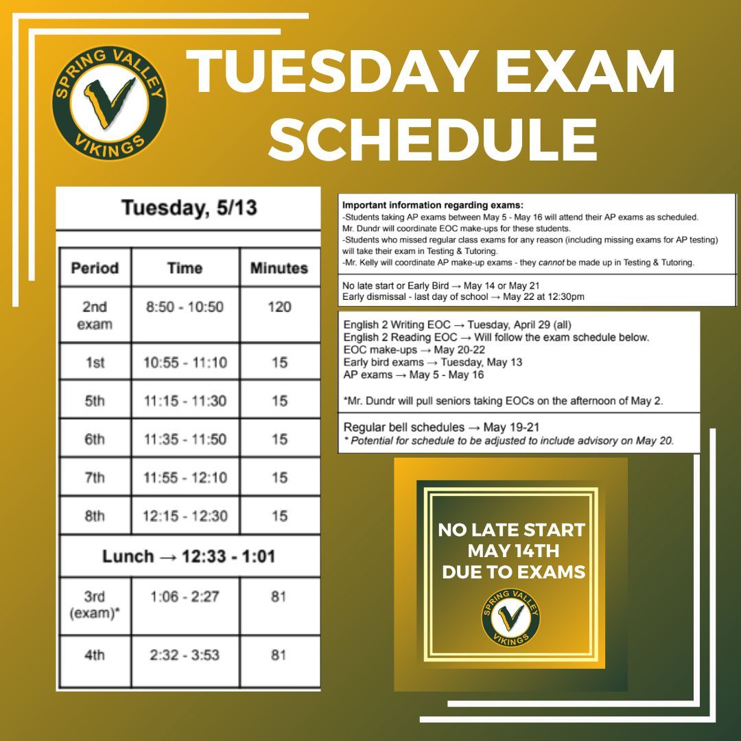 Be organized for exam day: have your Chromebook, ID, and allowed resources ready. Check the exam time, set alarms to wake up early, and leave with extra time. Good luck and stay confident! GO VIKINGS!
