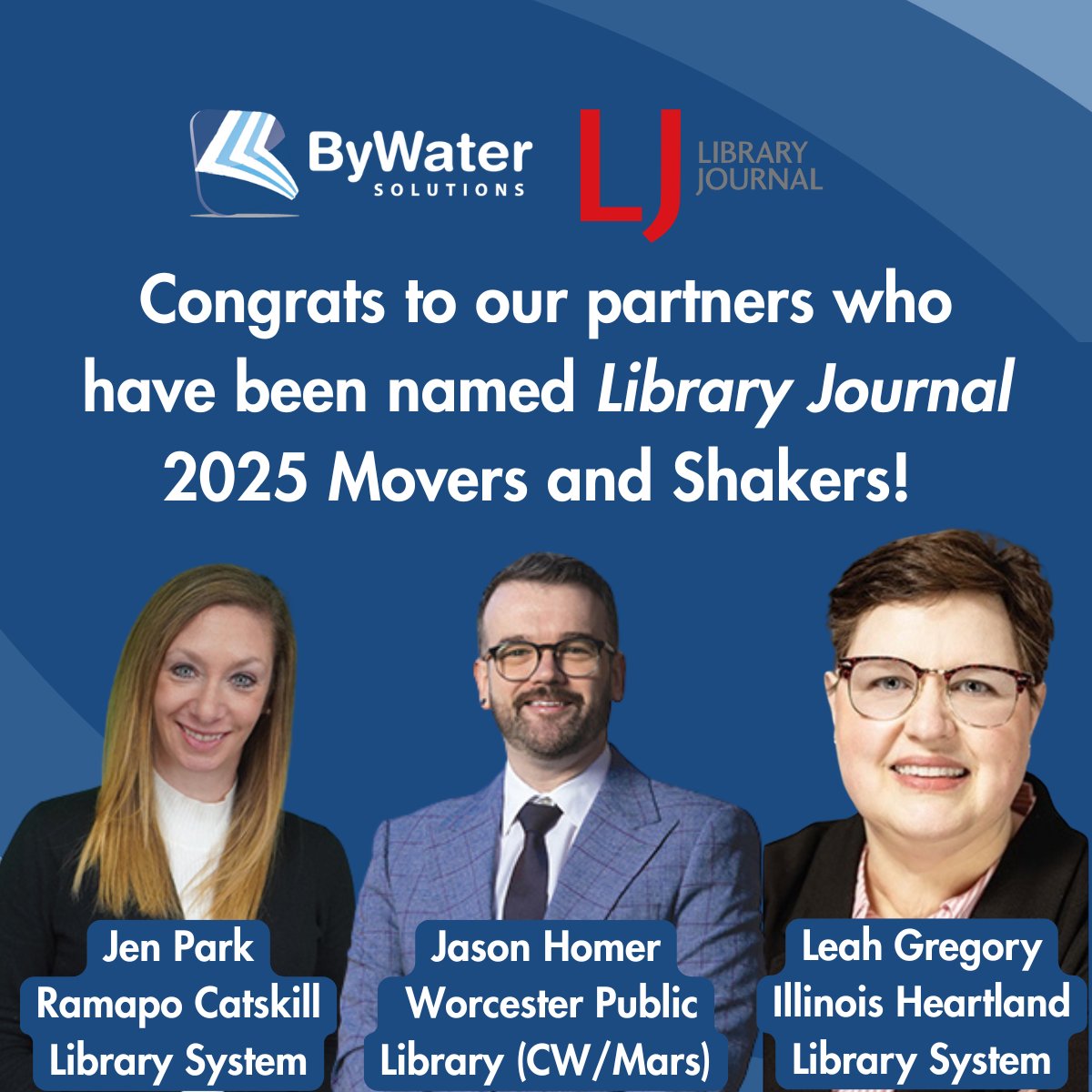 ByWaterSolution's tweet image. 🎉 Congrats to several of our partners who were named as Library Journal 2025 Movers and Shakers!! 🎉

Jen Park 
Jason Homer
Leah Gregory

Read more about all the Movers and Shakers here: zurl.co/lhqCr 

Congrats, everyone! 

#ljmoversandshakers #libraryjournal