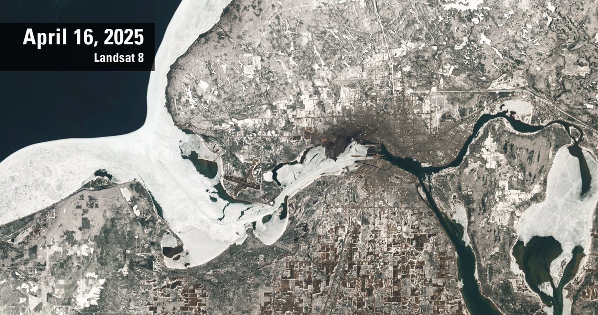 A new "Image of the Week" features the opening of shipping season on St. Marys River between Michigan and Ontario.  See #Landsat scenes of the frozen and then flowing river. Learn about shipping access through the Soo Locks: ow.ly/JNNC50VQY0g. 

#GreatLakes #LakeSuperior