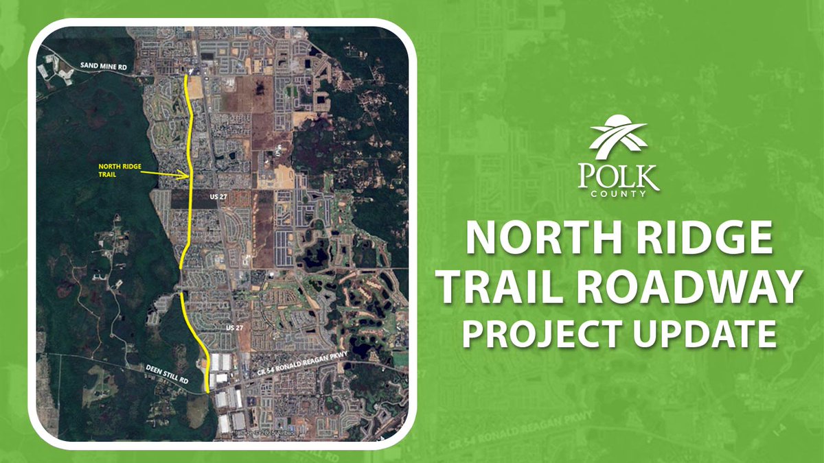 On May 6, Commissioners approved a $2.5 million state-funded grant agreement for the North Ridge Trail Project construction.

The project is a two-lane roadway that will span 4.1 miles along the west side of U.S. Highway 27 from Deen Still Road to Sand Mine Road. #PolkCountyFL