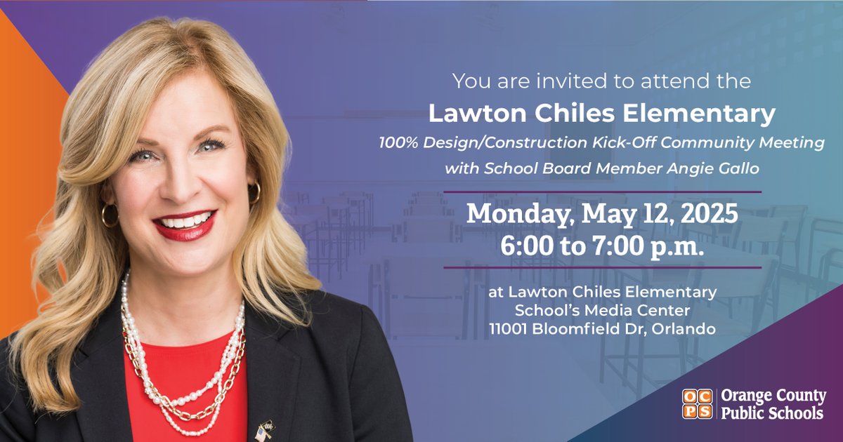 EVENT CANCELED 🚨

The 100% Design/Construction Kick-Off Community Meeting at Lawton Chiles Elementary with Board Member Angie Gallo tonight has been canceled. The meeting will be rescheduled for a later date.