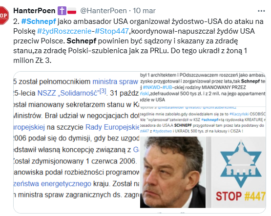 HanterPoen's tweet photo. Wysocka Schnepf jako żona amb #Schnepf w USA,zdefraudowali 800 000 zł i ogromne środki na ich apartamenty dyplomatyczne. To Schnepf-wypromowany przez @OficjalnyJK w Komisji Spr.Zag.jest autorem-podszczuwania-#Stop447-to on szczuł żydów amerykańskich przeciw Polsce-#ŻydRoszczenia! https://t.co/gCFS09pETL