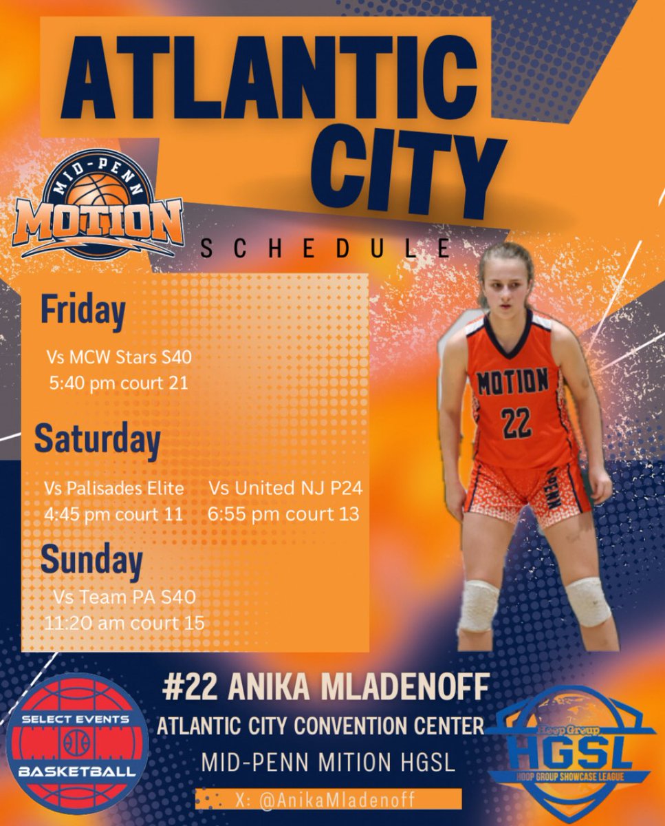 Anika Mladenoff (@anikamladenoff) on Twitter photo Looking forward to the Atlantic City Showcase this Friday, Saturday, and Sunday with <a href="/Motion2027/">Mid-Penn Motion 2027 (HGSL & HGPL)</a> ! Come check us out ! <a href="/mid_penn_motion/">Mid-Penn Motion Basketball</a> <a href="/hgsl_girls/">Hoop Group Girls</a> <a href="/SelectEventsBB/">Select Events Basketball</a> Looking forward to the Atlantic City Showcase this Friday, Saturday, and Sunday with <a href="/Motion2027/">Mid-Penn Motion 2027 (HGSL & HGPL)</a> ! Come check us out ! <a href="/mid_penn_motion/">Mid-Penn Motion Basketball</a> <a href="/hgsl_girls/">Hoop Group Girls</a> <a href="/SelectEventsBB/">Select Events Basketball</a>