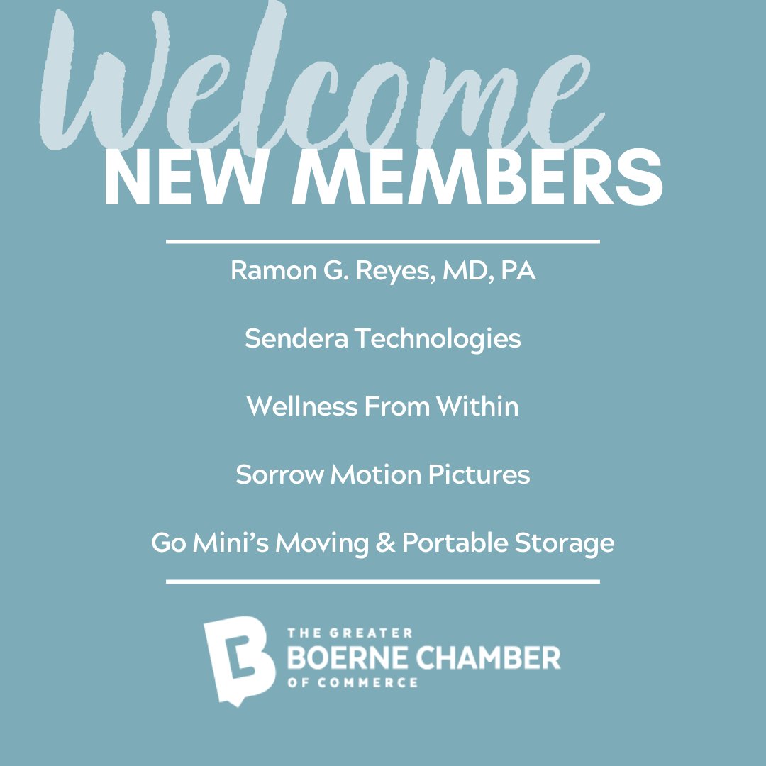 We're excited to welcome another great group of businesses to the Greater Boerne Chamber of Commerce today. 🥳

Welcome to the Chamber!
🌟- Ramon G. Reyes, MD, PA
🌟- Sendera Technologies
🌟- Wellness From Within
🌟- Sorrow Motion Pictures
🌟- Go Mini's Moving &amp; Portable Storage
