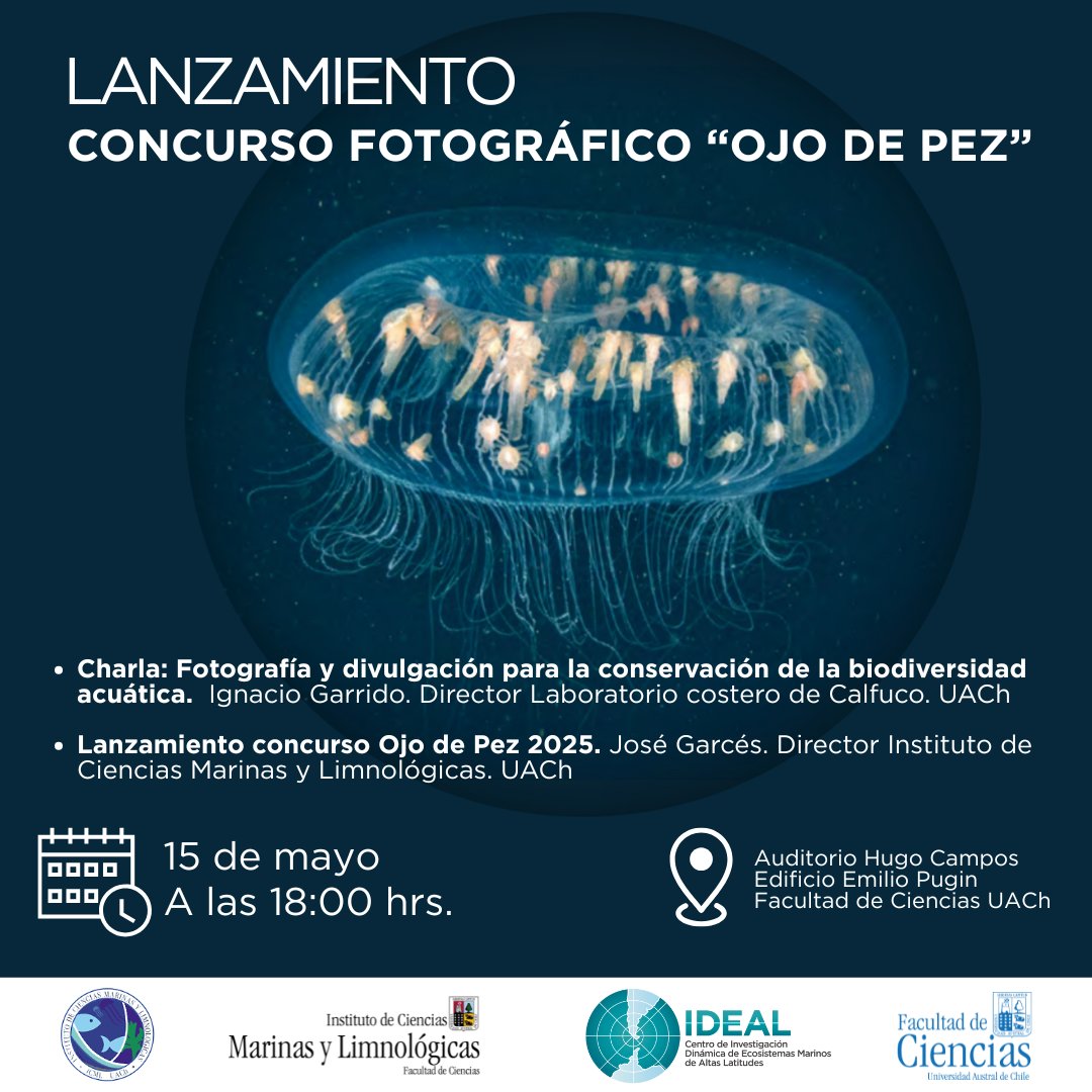 Participa en el lanzamiento del  Concurso Ojo de Pez 2025 🐠

🗓️ 15 de mayo, a  las 18:00 horas, en la Facultad de #Ciencias Universidad Austral de Chile. 

Para  más información del revisa  ojopez.cl

📣📣📣 Entre los asistentes sortearemos dos libros.