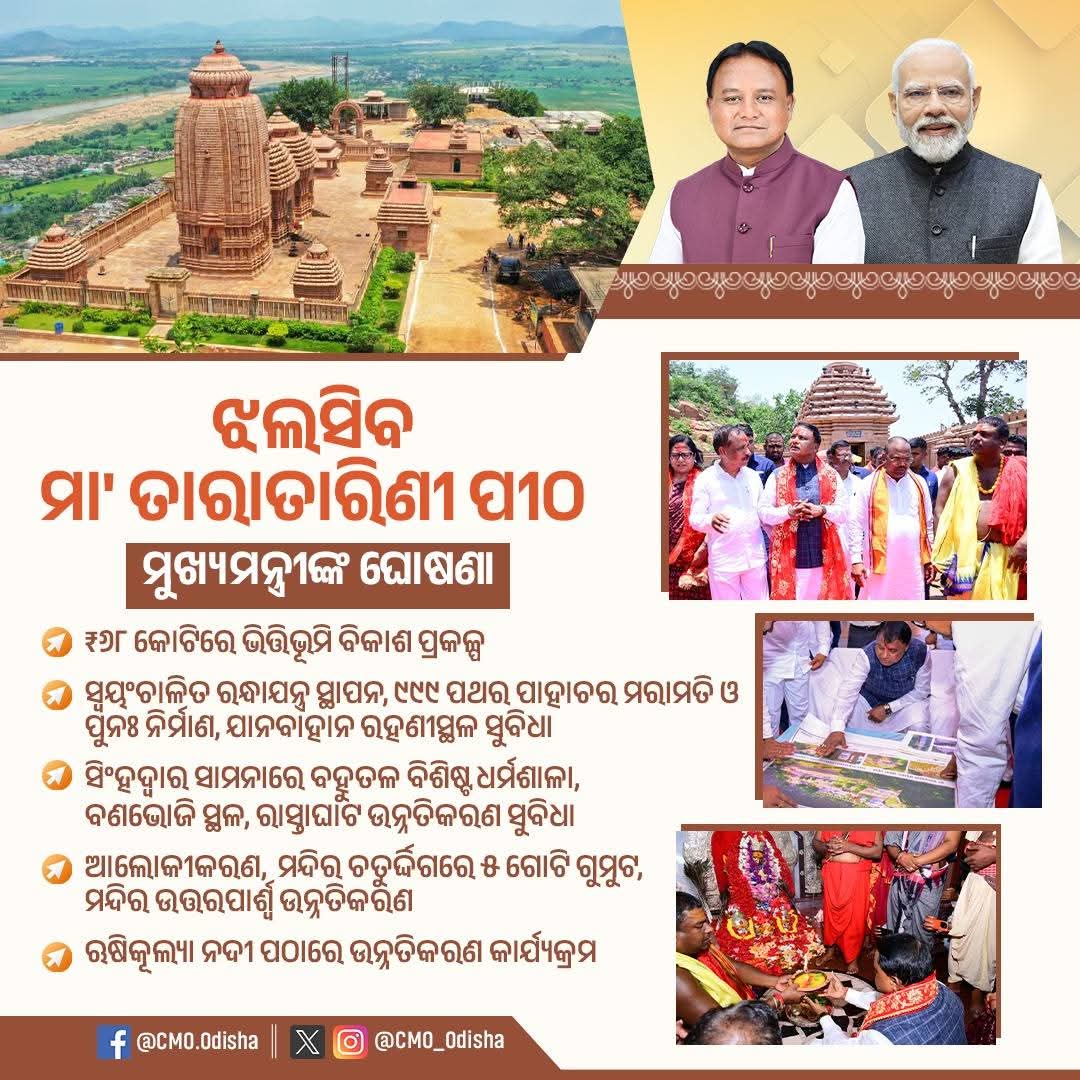 Maa Tara Tarini Shakti Peetha (@taratarinipith) on Twitter photo ଆହୁରି ଆକର୍ଷଣୀୟ ହେବ ମା’ ତାରାତାରିଣୀ ପୀଠ। ପୀଠର ଉନ୍ନତି ଲାଗି ୬୮କୋଟି ଘୋଷଣା କରିଛନ୍ତି ମୁଖ୍ୟମନ୍ତ୍ରୀ ଶ୍ରୀ <a href="/MohanMOdisha/">Mohan Charan Majhi</a>
ଏଥିରେ ସୁରକ୍ଷା ଓ ପରିମଳ ବ୍ୟବସ୍ଥା, ୯୯୯ ପାହାଚର ମରାମତି, ପୁନଃ ନିର୍ମାଣ, ଯାନବାହାନ ରହଣୀସ୍ଥଳ ଓ ହେଲିପ୍ୟାଡ୍ ପାଇଁ ଜମି ଅଧିଗ୍ରହଣ ଆଦି ପ୍ରକଳ୍ପ ହାତକୁ ନିଆଯାଇଛି।
Jay Maa TaraTarini 🙏🙏 ଆହୁରି ଆକର୍ଷଣୀୟ ହେବ ମା’ ତାରାତାରିଣୀ ପୀଠ। ପୀଠର ଉନ୍ନତି ଲାଗି ୬୮କୋଟି ଘୋଷଣା କରିଛନ୍ତି ମୁଖ୍ୟମନ୍ତ୍ରୀ ଶ୍ରୀ <a href="/MohanMOdisha/">Mohan Charan Majhi</a>
ଏଥିରେ ସୁରକ୍ଷା ଓ ପରିମଳ ବ୍ୟବସ୍ଥା, ୯୯୯ ପାହାଚର ମରାମତି, ପୁନଃ ନିର୍ମାଣ, ଯାନବାହାନ ରହଣୀସ୍ଥଳ ଓ ହେଲିପ୍ୟାଡ୍ ପାଇଁ ଜମି ଅଧିଗ୍ରହଣ ଆଦି ପ୍ରକଳ୍ପ ହାତକୁ ନିଆଯାଇଛି।
Jay Maa TaraTarini 🙏🙏