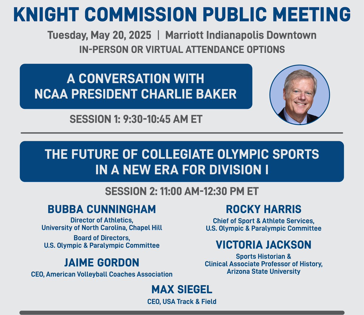 Register to observe our May 20 public meeting with <a href="/NCAA/">NCAA</a>  President Charlie Baker and other experts to discuss the new era of college sports and its impact on Olympic Sports. 

Register for in-person attendance in Indianapolis or virtually via Zoom: us02web.zoom.us/webinar/regist…