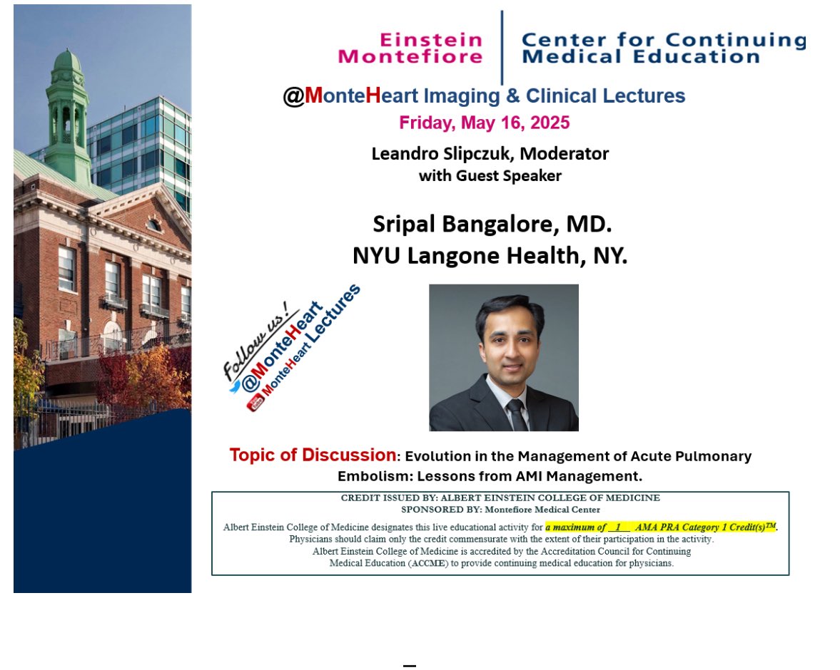 Montefiore Heart (@monteheart) on Twitter photo Don’t miss the next <a href="/MonteHeart/">Montefiore Heart</a> Lecture!
🗓️ May 16, 2025 | 🕛 12–1 PM EST
🎤 <a href="/SripalBangalore/">Sripal Bangalore</a>
🎙️ Moderator: <a href="/CardioMDPhD/">Leandro Slipczuk</a>
🩺 Evolution in the Management of Acute Pulmonary Embolism: Lessons from AMI Management
🔗 einsteinmed.zoom.us/j/94170046499
🌍 einsteinmed.zoom.us/u/abo8AwxNx2 Don’t miss the next <a href="/MonteHeart/">Montefiore Heart</a> Lecture!
🗓️ May 16, 2025 | 🕛 12–1 PM EST
🎤 <a href="/SripalBangalore/">Sripal Bangalore</a>
🎙️ Moderator: <a href="/CardioMDPhD/">Leandro Slipczuk</a>
🩺 Evolution in the Management of Acute Pulmonary Embolism: Lessons from AMI Management
🔗 einsteinmed.zoom.us/j/94170046499
🌍 einsteinmed.zoom.us/u/abo8AwxNx2