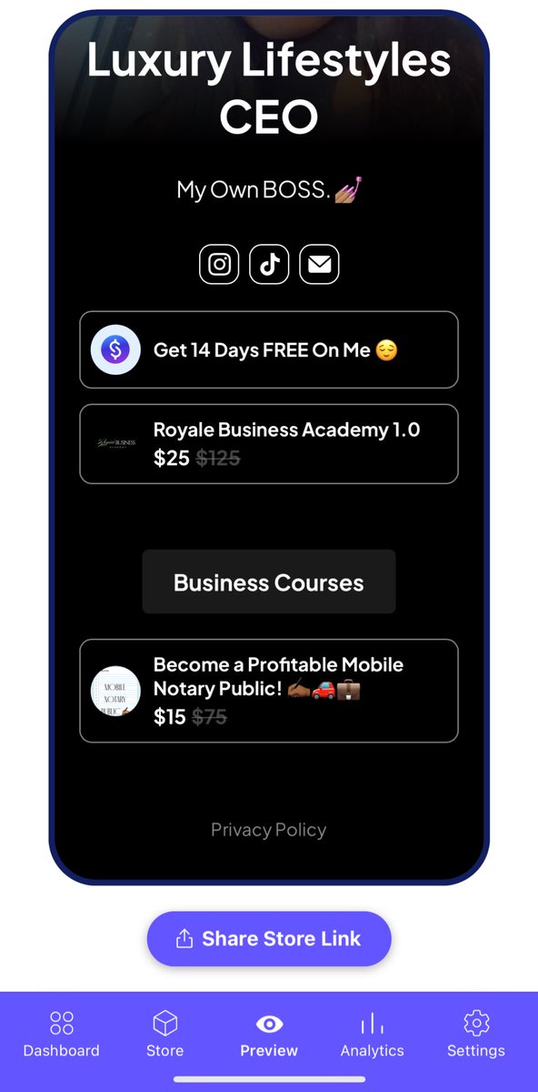 Become your own boss and invest $25 into yourself! &amp; I’m giving away 2 weeks free on me when you sign up for stanstore through my personalized link 💰 Over 50+ Business startups and courses for $25 yes it’s $25… Prices going back up soon ✍🏽 stan.store/imsconfident