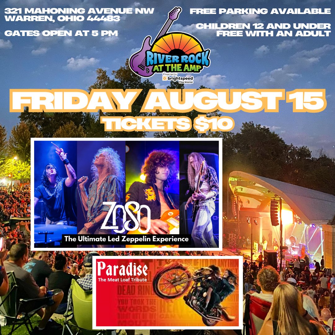 Ramble on to River Rock at the Amp FRIDAY AUGUST 15 for <a href="/ZosoOnTour/">ZoSo</a> The Ultimate #LedZeppelin Experience and Paradise The Meat Loaf Tribute

TICKETS $10 on sale now at 
- riverrockattheamp.com 
- <a href="/SunriseInnPizza/">Sunrise Inn of Warren</a>
- will be at the gate

FREE PARKING! Children 12- FREE with adult