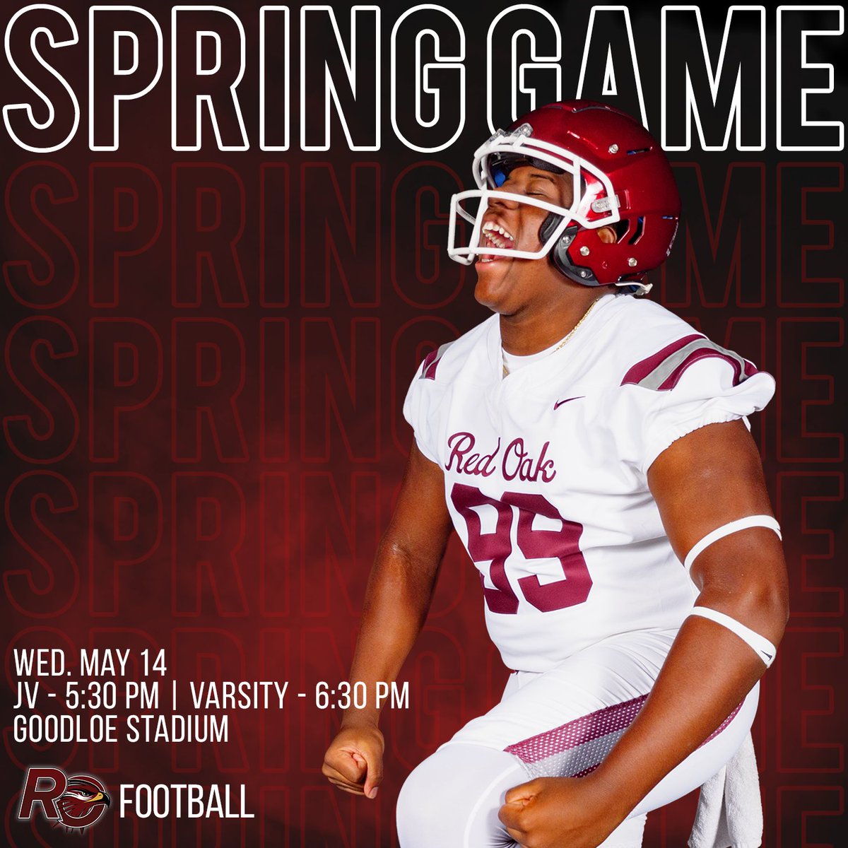 The spring football game is on Wednesday! 🏈 

📆 Wednesday, May 14 
⌚ JV Football at 5:30 PM
⌚ Varsity Football at 6:30 PM
📍 Billy Goodloe Stadium
🎫 All tickets will be $4.00 

Safety precautions will be taken!!

#hawknation 
#hawkpride