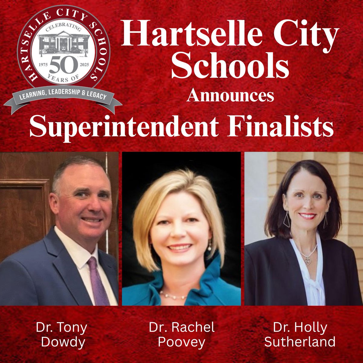 Superintendent interviews begin tonight with Dr. Holly Sutherland at 5:00 - in the Central Office, with a reception at 6:30, at The Burleson Center. Same schedule (5:00/6:30) for Dr. Rachel Poovey on Wednesday, and Dr. Tony Dowdy on Thursday. The public is invited to attend.