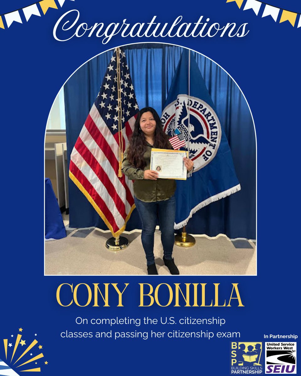 Congratulations to Cony Bonilla, a 34-year-old from El Salvador and daughter of <a href="/seiuusww/">SEIU USWW</a>  member Margarita Bonilla, who just passed her citizenship exam after months of hard work and commitment! 🇺🇸✨

Cony completed BSP’s citizenship classes alongside her mother and credits her