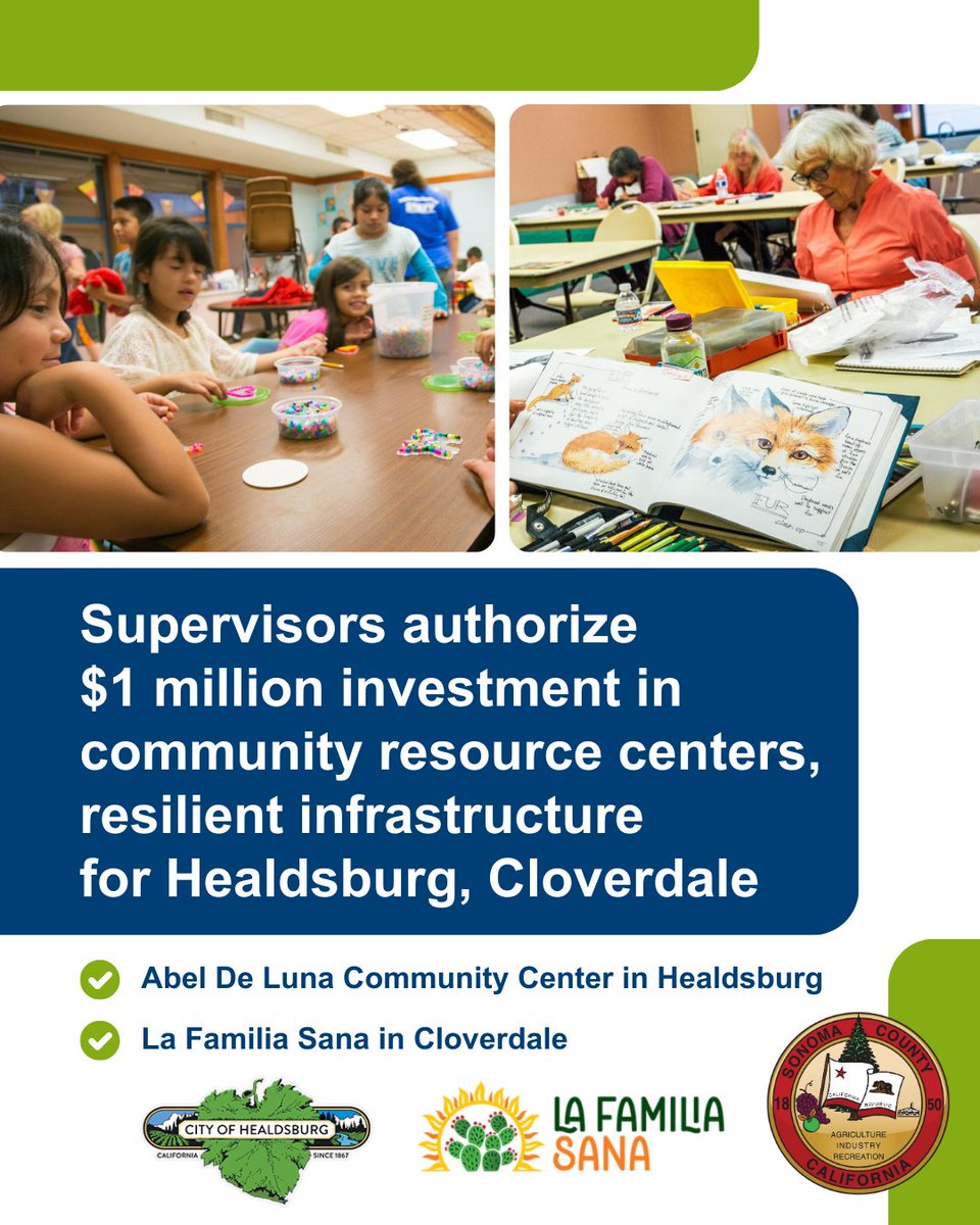 The Board of Supervisors on Tuesday authorized $1 million in grant funding for infrastructure development and improvements in Healdsburg and Cloverdale to better serve community needs  and bolster disaster preparedness: sonomacounty.ca.gov/supervisors-au…