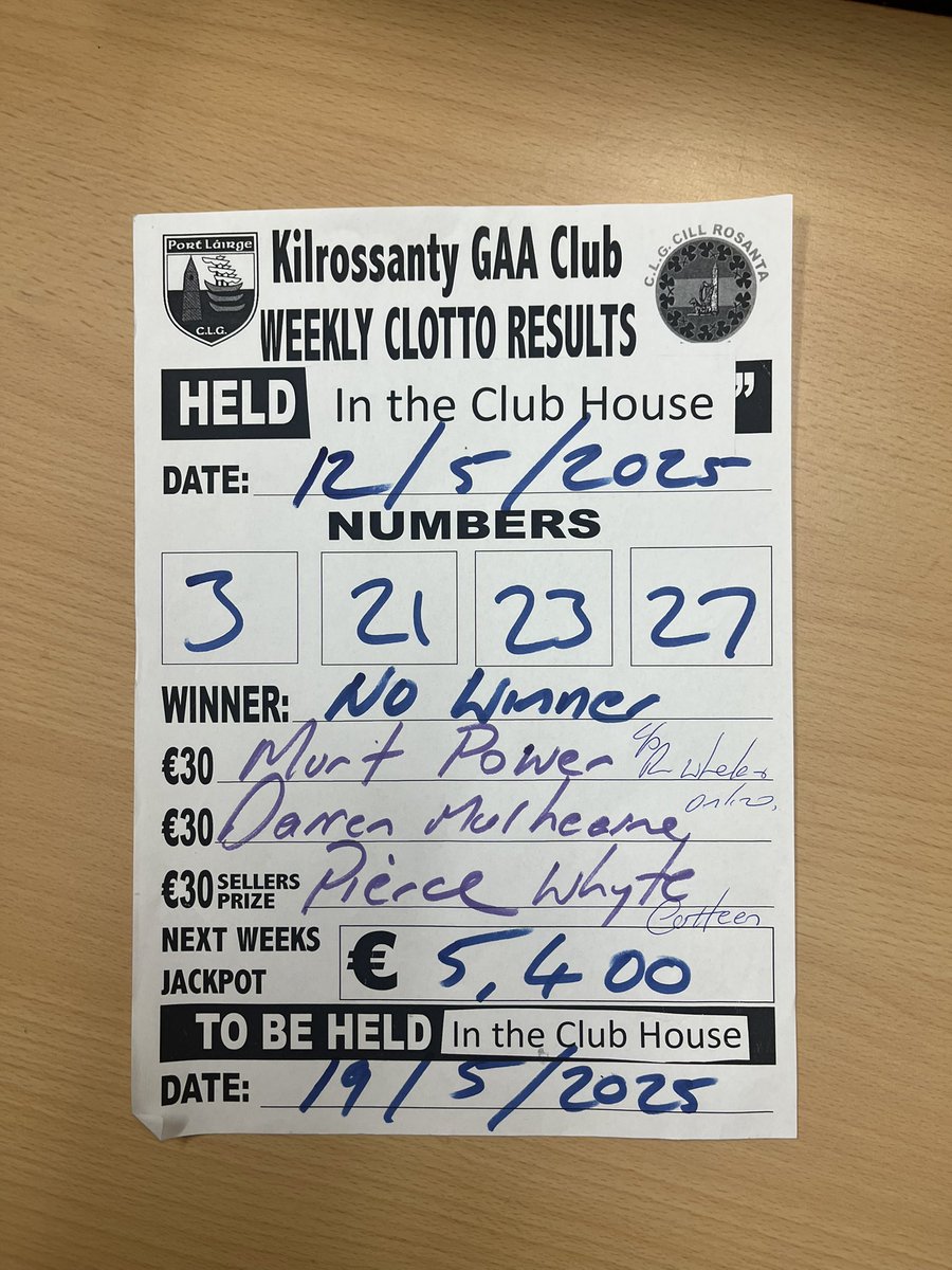 Lotto results sponsored by Kill Agri Kilrossanty.