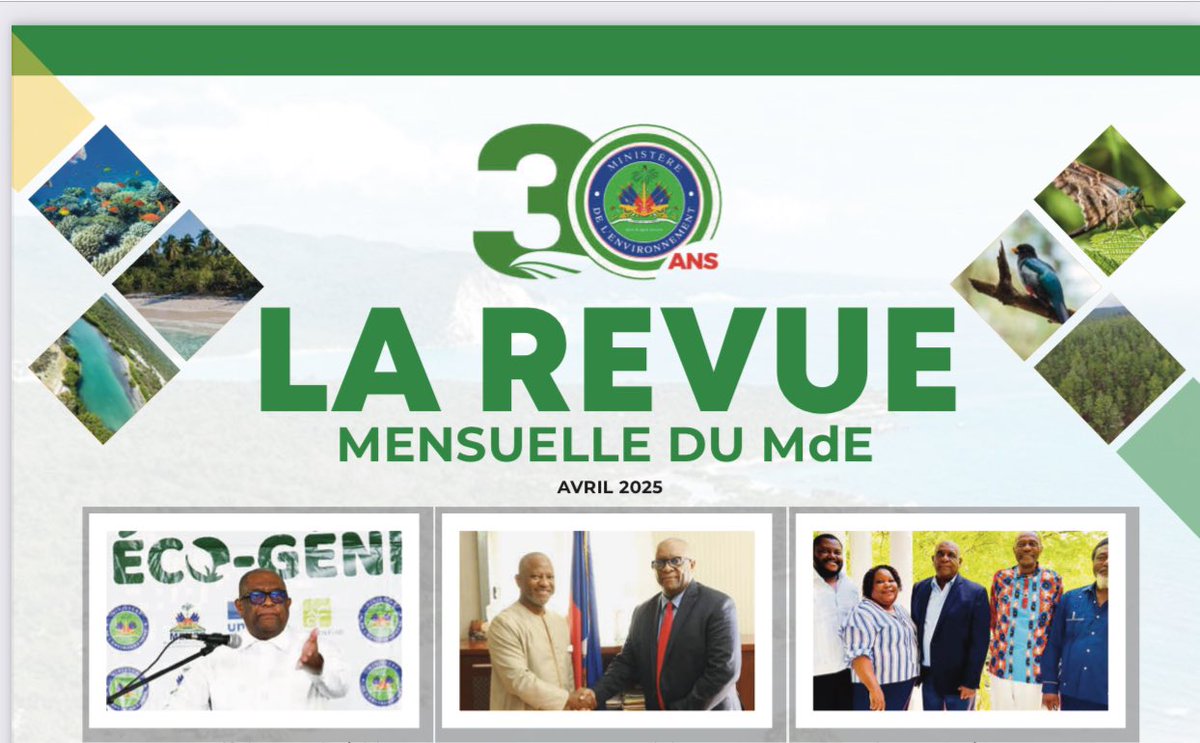Le <a href="/EnvironnementHT/">Ministère de l'Environnement 🇭🇹</a> vous présente le 2ème numéro de sa revue mensuelle, un condensé d’actualité marquant l’action environnementale à travers le pays.
Feuilletez la revue ici 👉 [mde.gouv.ht/phocadownload/…]

30 ans d’engagement au service de l’environnement haïtien.
#30ansMdE #Haiti