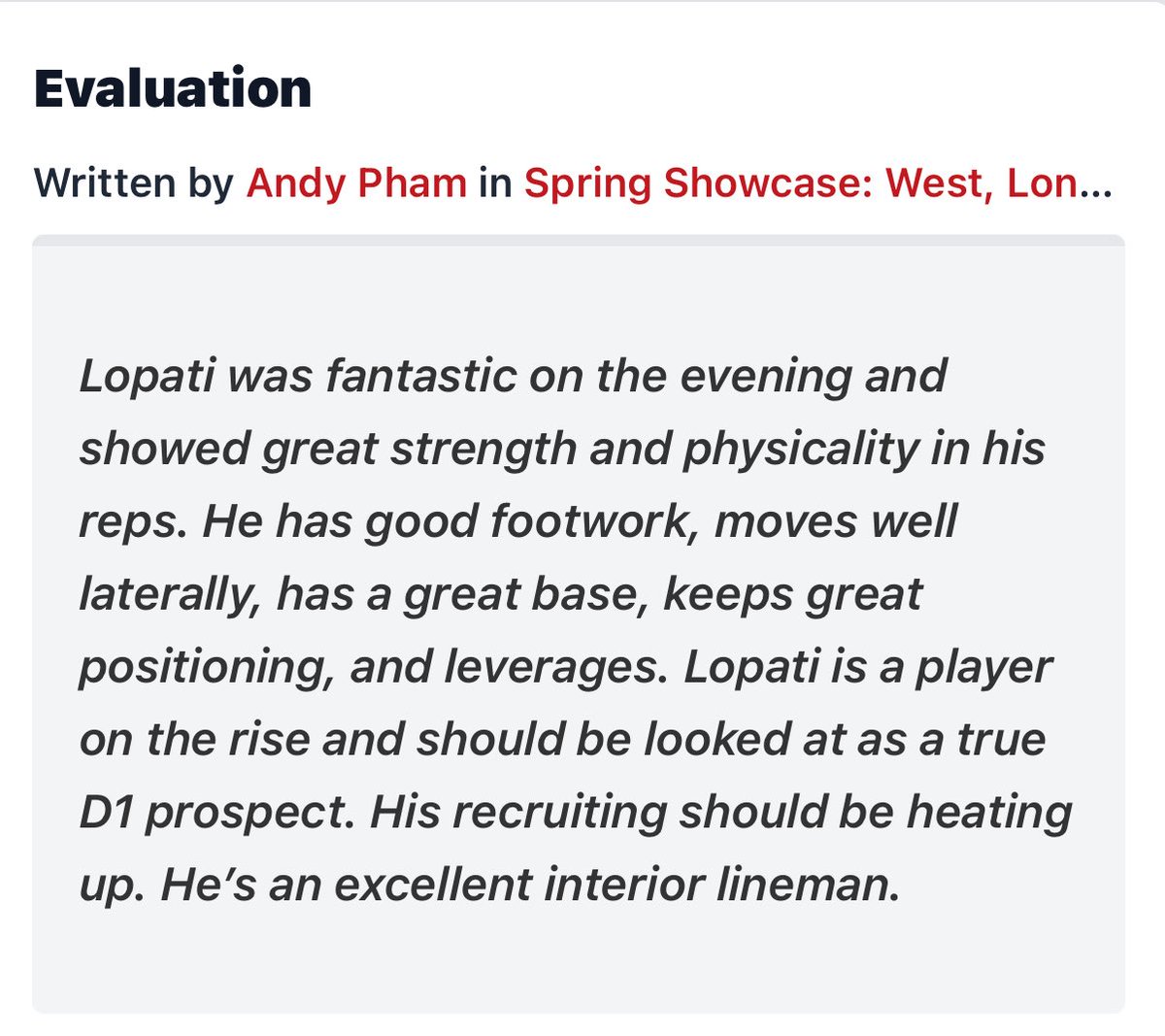 Titus Lopati (@titus4384922) on Twitter photo Thank you for the evaluation <a href="/Andy_Pham1/">Andy</a> . I appreciate it. <a href="/coachsolovi/">osolovi</a> <a href="/CoachOglesby/">Josh Oglesby</a> <a href="/westpanthersfb/">West High Football</a> <a href="/SlingintheP/">Slingin’ the Pill Media™️</a> <a href="/BrandonHuffman/">Brandon Huffman</a> <a href="/GregBiggins/">Greg Biggins</a> <a href="/BlairAngulo/">Blair Angulo</a> @rivals <a href="/On3Recruits/">On3 Recruits</a> <a href="/TheUCReport/">Billy Tucker</a> <a href="/KyleMorgan_XOS/">Kyle Morgan CATAPULT Southwest Regional Scout</a> Thank you for the evaluation <a href="/Andy_Pham1/">Andy</a> . I appreciate it. <a href="/coachsolovi/">osolovi</a> <a href="/CoachOglesby/">Josh Oglesby</a> <a href="/westpanthersfb/">West High Football</a> <a href="/SlingintheP/">Slingin’ the Pill Media™️</a> <a href="/BrandonHuffman/">Brandon Huffman</a> <a href="/GregBiggins/">Greg Biggins</a> <a href="/BlairAngulo/">Blair Angulo</a> @rivals <a href="/On3Recruits/">On3 Recruits</a> <a href="/TheUCReport/">Billy Tucker</a> <a href="/KyleMorgan_XOS/">Kyle Morgan CATAPULT Southwest Regional Scout</a>