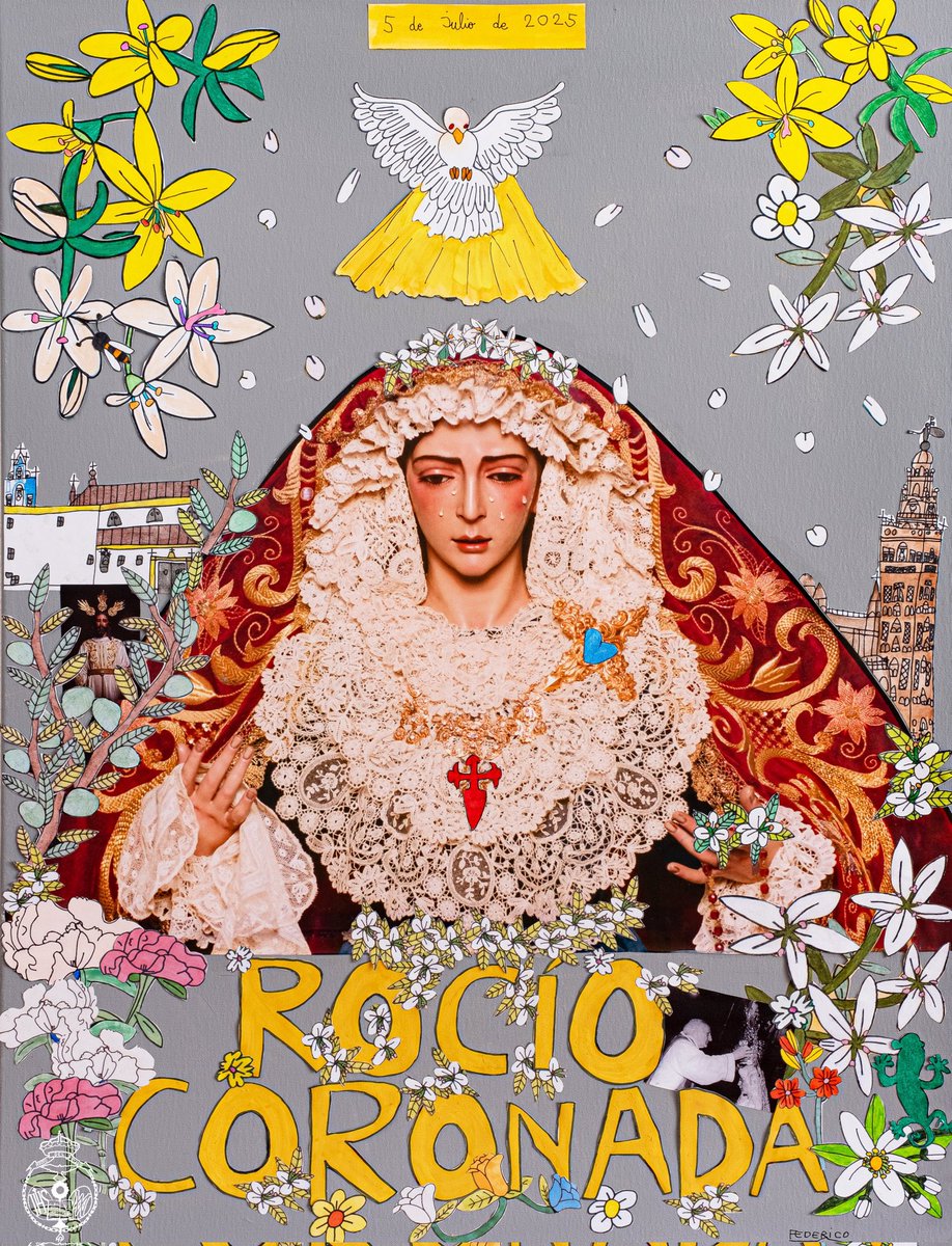 Cartel de la coronación de la Virgen del Rocío <a href="/Hdad_Redencion/">Hermandad de la Redención</a> realizado por D. Federico González Ramos, joven con TEA y miembro <a href="/Autismo_Sevilla/">Autismo Sevilla</a> con la orientación artística de Roberto Becerra. La obra es un collage elaborado a partir de dibujos hechos por Federico.