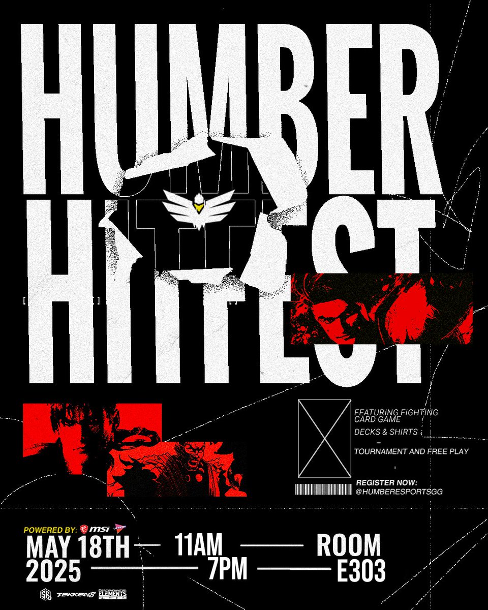 Fighting game events return this summer!

🗓️May 18
🕐 11AM 
📍 North Campus, E303

Brackets &amp; casuals in SF6, T8, CotW + more.
We’re also showcasing Descendants of the Elements — a fighting card game made by a Humber prof!

(registration link in replies)

#HumberRising