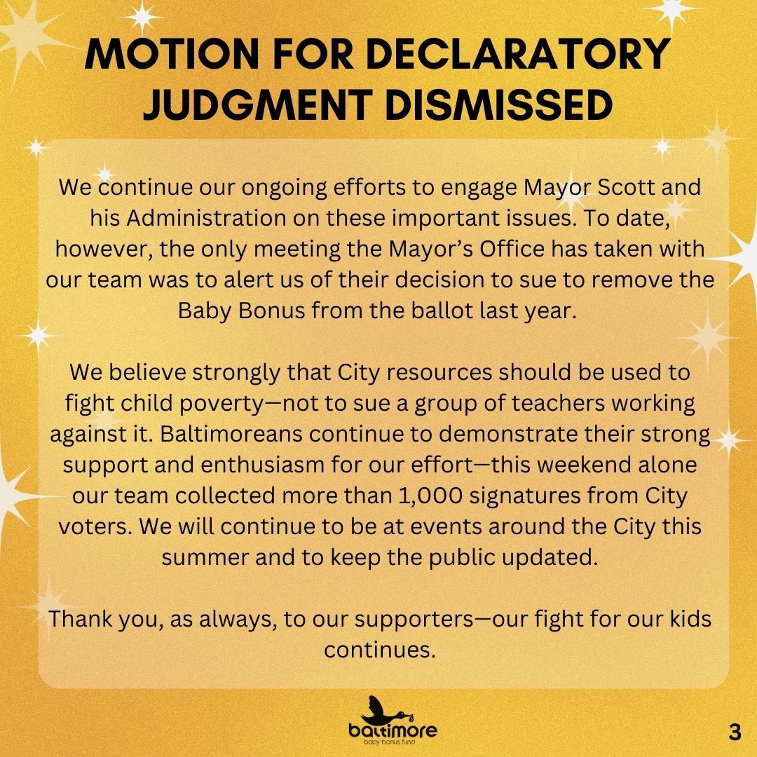 We asked the Courts to decide on the legality of the Baby Fund in advance to avoid future litigation after thousands of people in Baltimore had signed the petition.

The Mayor asked them to dismiss the case and the Court granted the motion.

Full statement below.