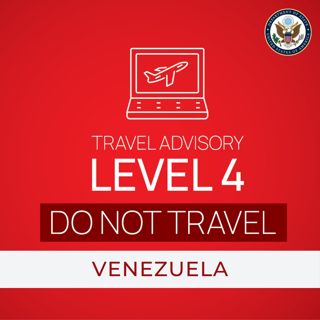 The Travel Advisory for Venezuela has been reissued to emphasize the extreme danger to U.S. citizens living in or traveling to Venezuela. Do not travel to or remain in Venezuela due to the high risk of wrongful detention, torture in detention, terrorism, kidnapping, arbitrary