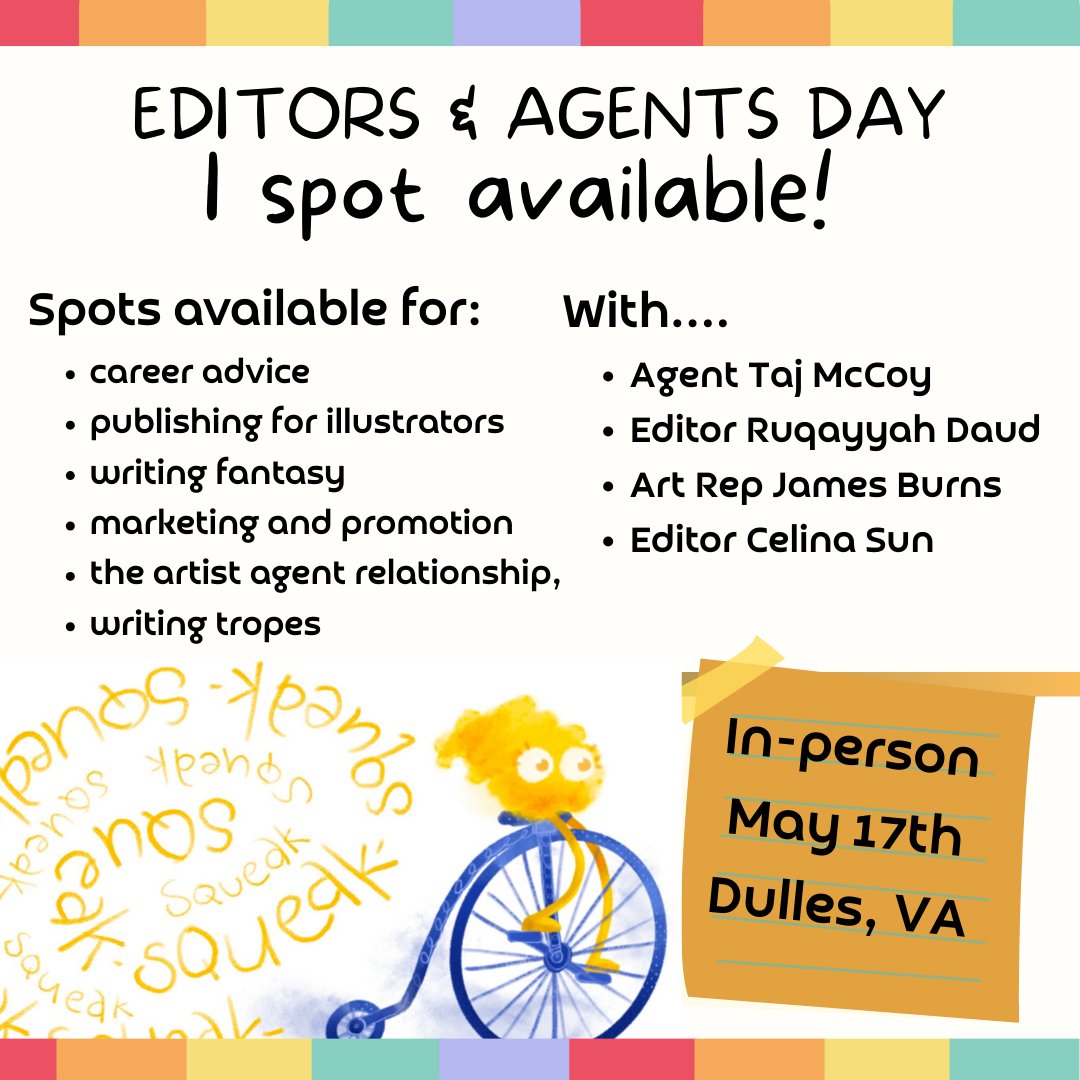 There's only 1 SPOT left for our EDITORS &amp; AGENTS DAY on May 17th! Register HERE: scbwi.org/events/editors…