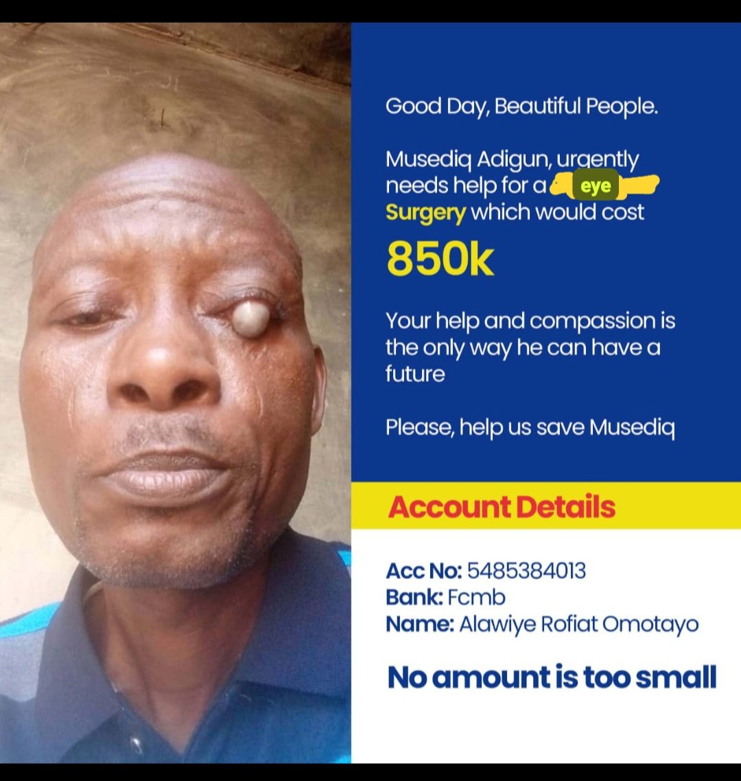 adejokelateef98's tweet photo. With a teary eyes, I seek for help for my dad😭😭😭 my father is in pains, he's in darkness, 850k Is what we need for his eye surgery😔 no amount is small pls, he's dying. I can drop his number for video call for confirmation. My dad needs help😪 5485384013 fcmb A https://t.co/fcF0Xuu9qB