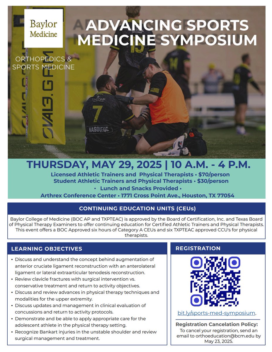 BCMOrtho's tweet image. Good news! It's not too late to register for our Annual Advancing Sports Medicine Symposium!
Join us on May 29th from 10 AM - 4 PM at the Arthrex Conference Center for 6 CEUs/CCUs!
Register today: bit.ly/sports-med-sym…