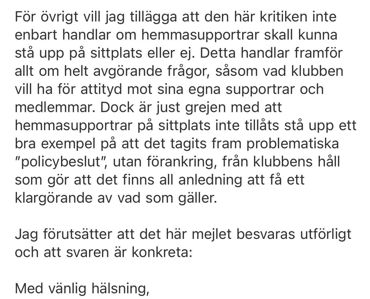 En bekant formulerade detta mejl till klubben angående dagens händelser vid sektion M2.

Jag hoppas att fler vågar ifrågasätta klubbens förhållningssätt när det gäller sådana här typer av frågor. Vi ska inte tillåta uppenbart orättvisa behandlingar inne på vår arena.

#ifkgbg