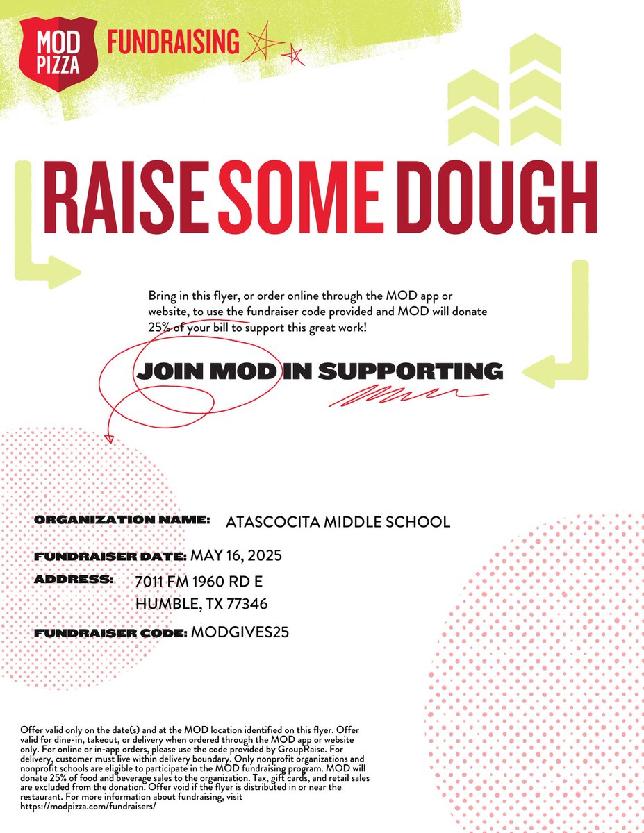 🍕May 16th is our next spirit event @MOD PIZZA.  Join us &amp; AMS will get 25% of sales donated back.  Please come out to MOD Pizza to support our fundraiser this Friday from 10am-10pm!! 🐅🐅