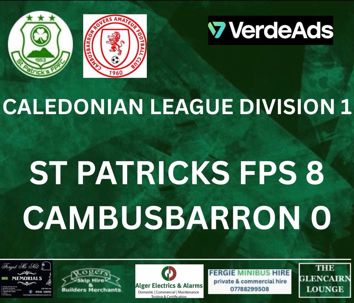 St Patrick's FP FC (@stpatricksfpfc) on Twitter photo 🟢⚪️ CL TEAM RESULT ⚪️🟢
It was an 8-0 win against Cambusbarron Rovers AFC tonight. Another hat trick this time for Cammy Hill, a double for <a href="/ParferyArran/">Arran Parfery</a> one each for <a href="/DylanMolloy13/">Dylan Molloy</a> <a href="/RyanMcColl7/">Ryan McColl</a> and Lewis Lobban ☘️💚 Many thanks and good luck to <a href="/crafc/">Cambusbarron Rovers</a> for rest of season. 🟢⚪️ CL TEAM RESULT ⚪️🟢
It was an 8-0 win against Cambusbarron Rovers AFC tonight. Another hat trick this time for Cammy Hill, a double for <a href="/ParferyArran/">Arran Parfery</a> one each for <a href="/DylanMolloy13/">Dylan Molloy</a> <a href="/RyanMcColl7/">Ryan McColl</a> and Lewis Lobban ☘️💚 Many thanks and good luck to <a href="/crafc/">Cambusbarron Rovers</a> for rest of season.