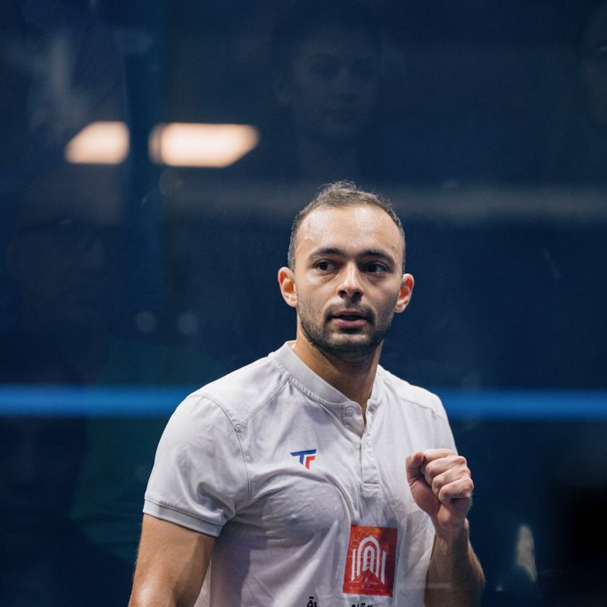 Youssef Soliman celebrates his round three win at the PSA World Championships 