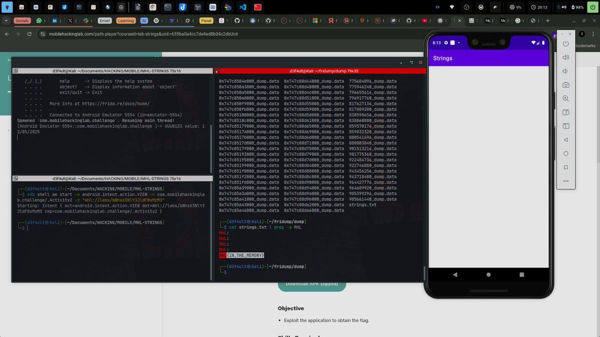 __zua's tweet image. Reverse engineered MHL-STRINGS — exploited an exported activity to bypass logic, hooked into SharedPreferences with Frida, and dumped memory with Fridump to extract the flag. Classic combo: activity abuse + runtime memory analysis.
#AndroidHacking #Frida #CTF
