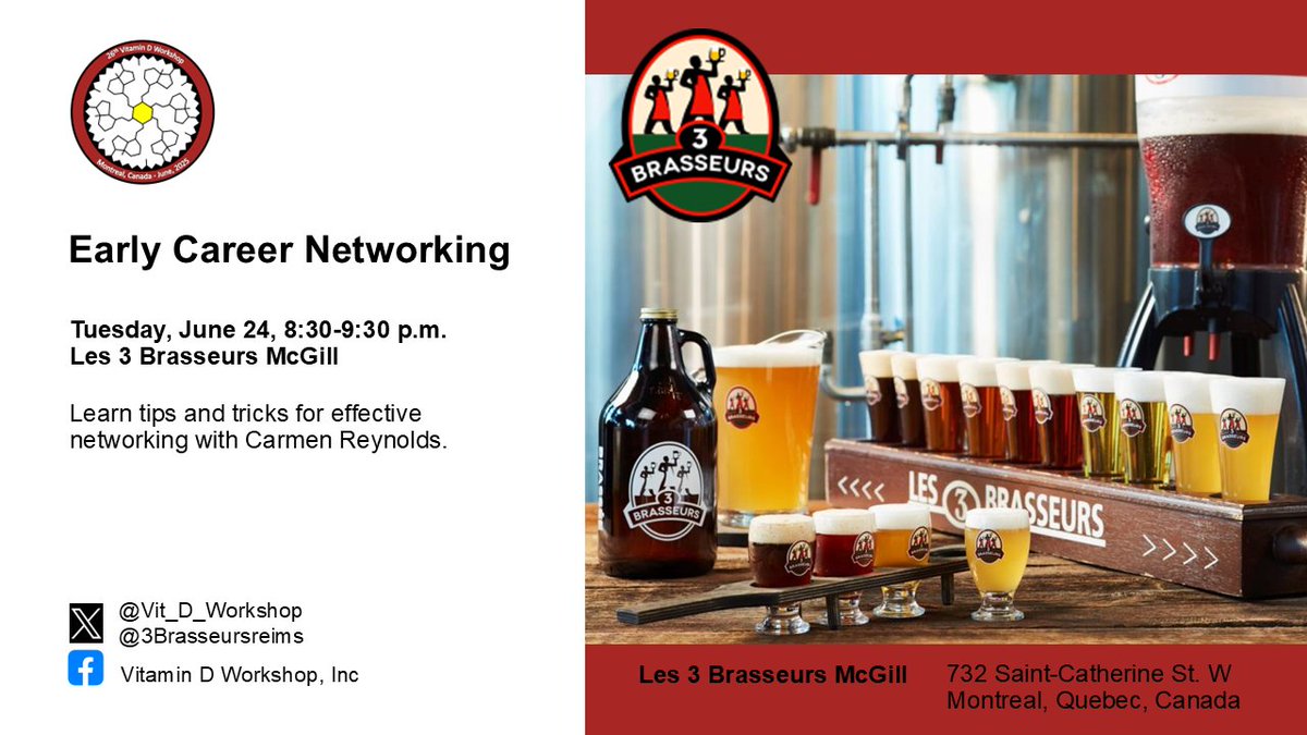 Vitamin D Workshop (@vit_d_workshop) on Twitter photo Program Announcement!
The Early Career Networking Event will be held after the Welcome Reception at Les 3 Brasseurs McGill <a href="/3Brasseursreims/">Les 3 Brasseurs</a>
RSVP details will be emailed soon!
#VDW2025 #VitaminD #EarlyCareer #Networking Program Announcement!
The Early Career Networking Event will be held after the Welcome Reception at Les 3 Brasseurs McGill <a href="/3Brasseursreims/">Les 3 Brasseurs</a>
RSVP details will be emailed soon!
#VDW2025 #VitaminD #EarlyCareer #Networking