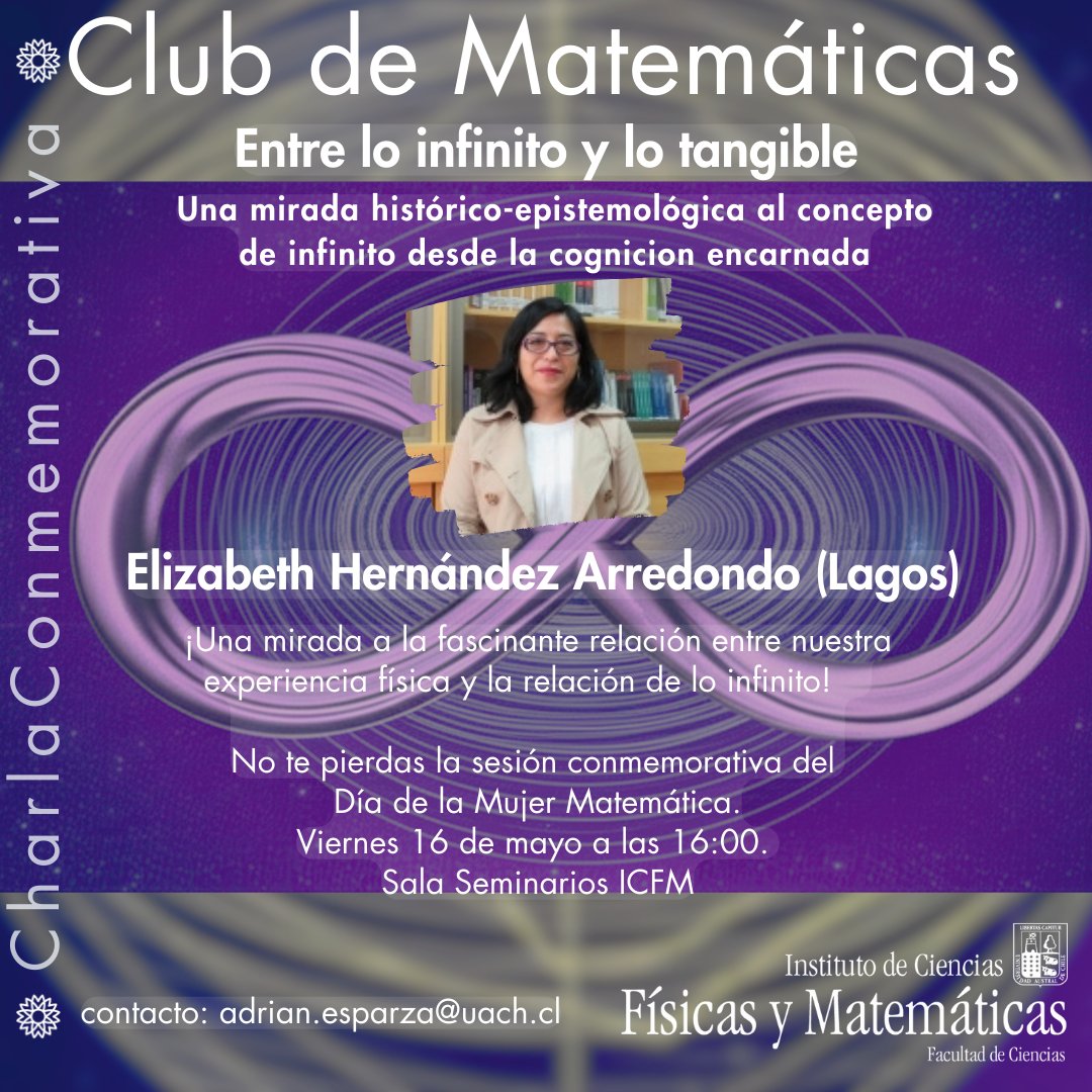 El Club de #Matemáticas en el marco del Día Internacional de la #MujerMatemática, tiene el agrado de invitarlos a la siguiente charla conmemorativa. 
 
“Entre lo infinito y lo tangible: una mirada histórico-epistemológica al concepto de infinito desde la cognición encarnada”.