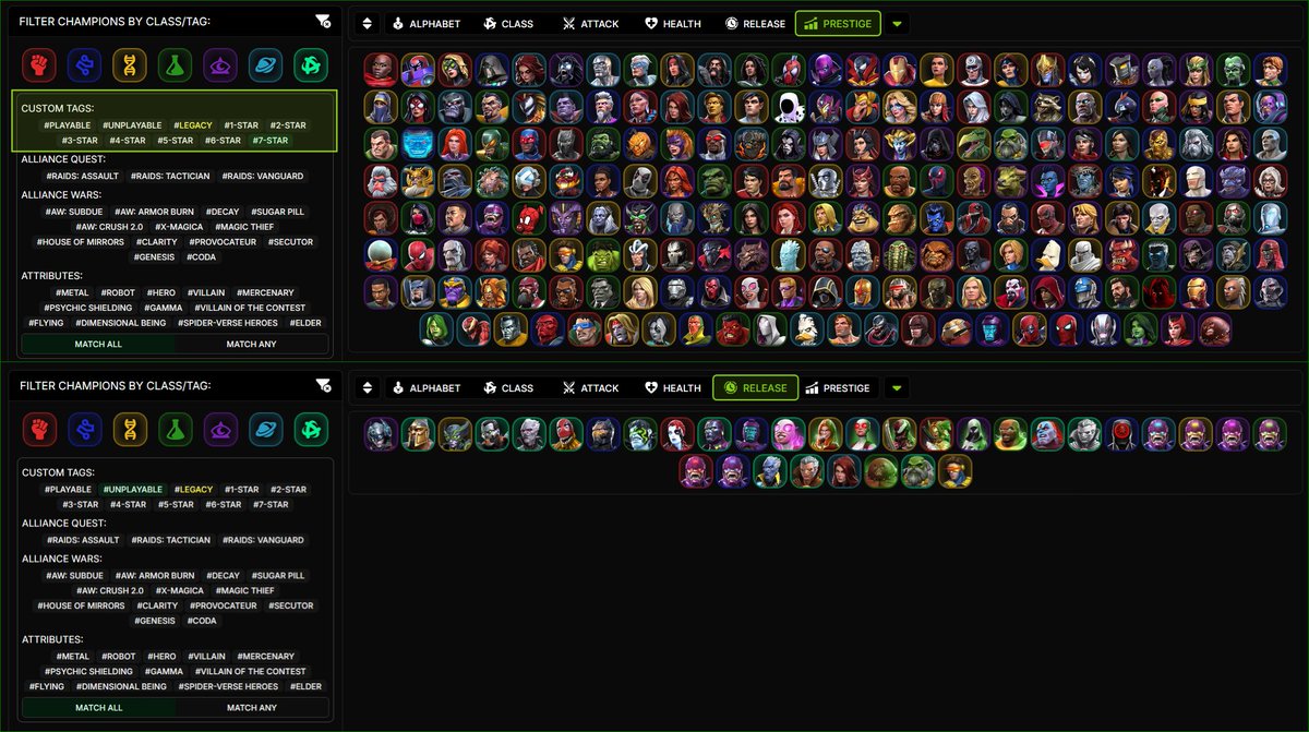mcocankh's tweet image. Introducing Custom Tagging.

To determine whether a character is playable, part of the legacy pool, or appears in certain rarities, you can now tag and track them all with ease.

Also Prestige sort function is now based on 7r4 sig. 200.

Check it out now: khonshu-ankh.vercel.app
