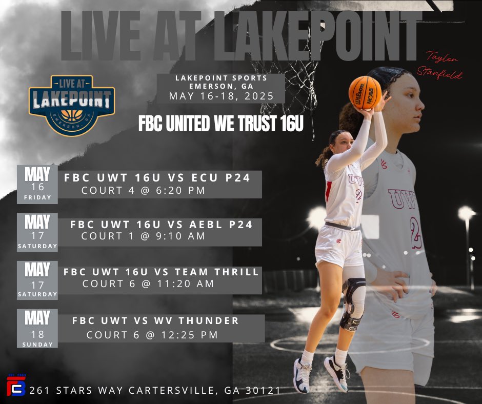 Taylor Stanfield (@t_stanfield2) on Twitter photo Next Up! LIVE @ LAKEPOINT
FBC United We Trust 16U
ποΈ May 16-18
πLakePoint Sports, GA
<a href="/FBCMotton/">FBC Mo</a> <a href="/SheIsCoachAsh/">Ashley Rivens</a>
<a href="/SelectEventsBB/">Select Events Basketball</a>
<a href="/LakePointSports/">LakePoint Sports</a> Next Up! LIVE @ LAKEPOINT
FBC United We Trust 16U
ποΈ May 16-18
πLakePoint Sports, GA
<a href="/FBCMotton/">FBC Mo</a> <a href="/SheIsCoachAsh/">Ashley Rivens</a>
<a href="/SelectEventsBB/">Select Events Basketball</a>
<a href="/LakePointSports/">LakePoint Sports</a>