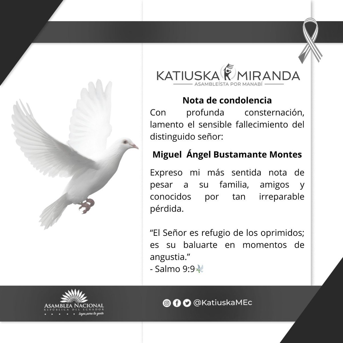 Expresamos nuestras más sentidas condolencias por el fallecimiento de Miguel Ángel Bustamante Montes. Que sus familiares y seres queridos encuentren consuelo y fortaleza en este difícil momento. 🕊️