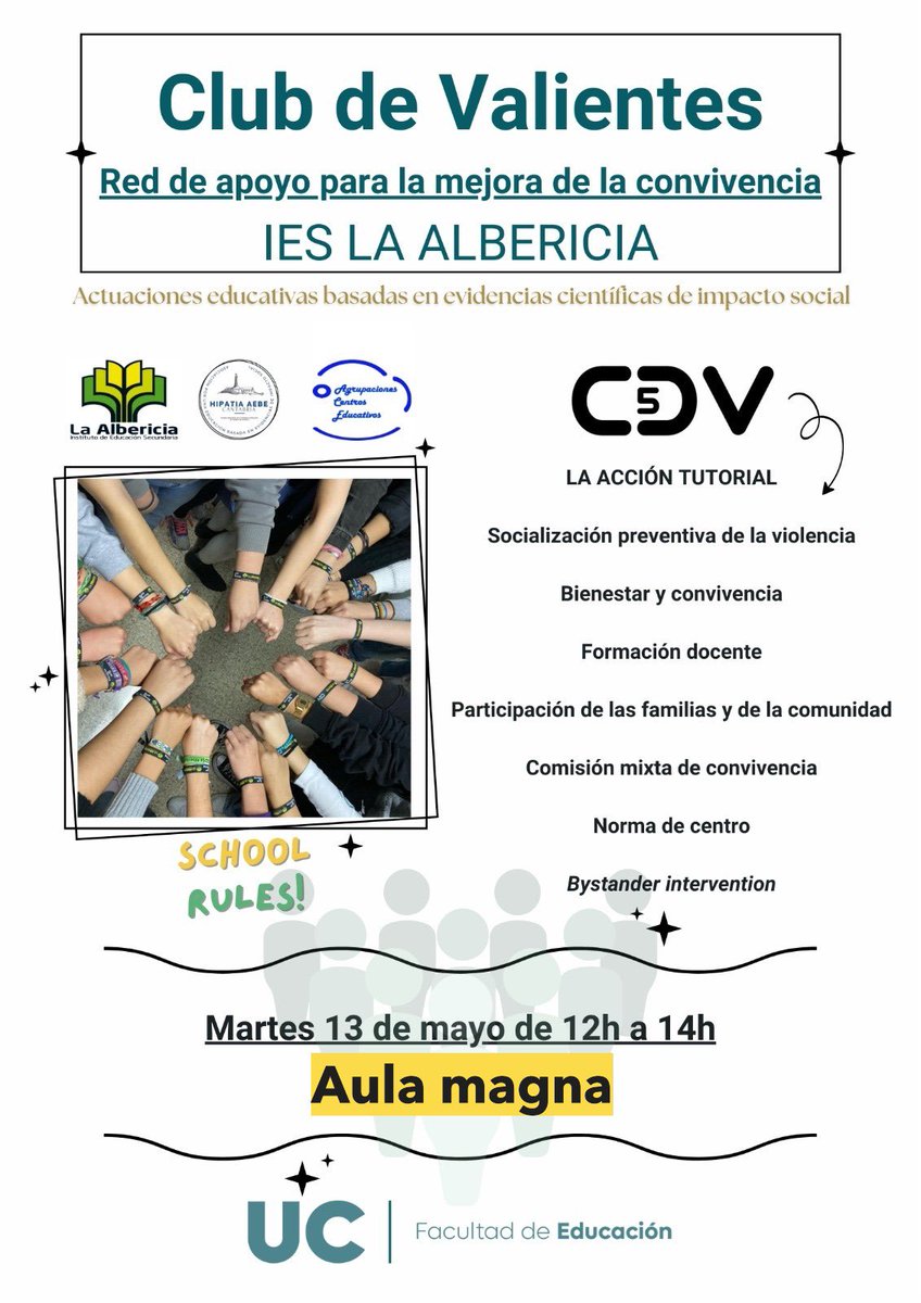 🗓️Martes 13 de mayo
🕛A las 12h
📍Aula Magna de la Facultad de Educación

¡El Club de Valientes del #IESLaAlbericia estará en <a href="/unican/">Universidad de Cantabria</a>!

Un espacio de diálogo con estudiantes de Magisterio para hablar, desde las evidencias, de la creación de entornos educativos de Violencia 0❤️