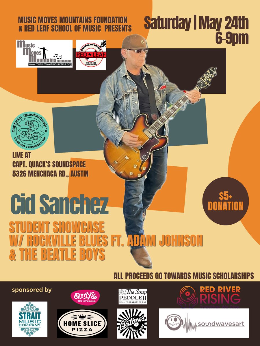 MusicMovesMtns's tweet photo. Join us for our annual benefit concert - this year teaming up with @redleafschool &amp; @cidguitar to raise funds for music scholarships. All ages; $5+ donation; Show 6 to 9 pm; free parking, Capt. Quack’s Soundspace 5326 Menchaca Rd, Austin, TX 78745 https://t.co/U17FBLH2Un