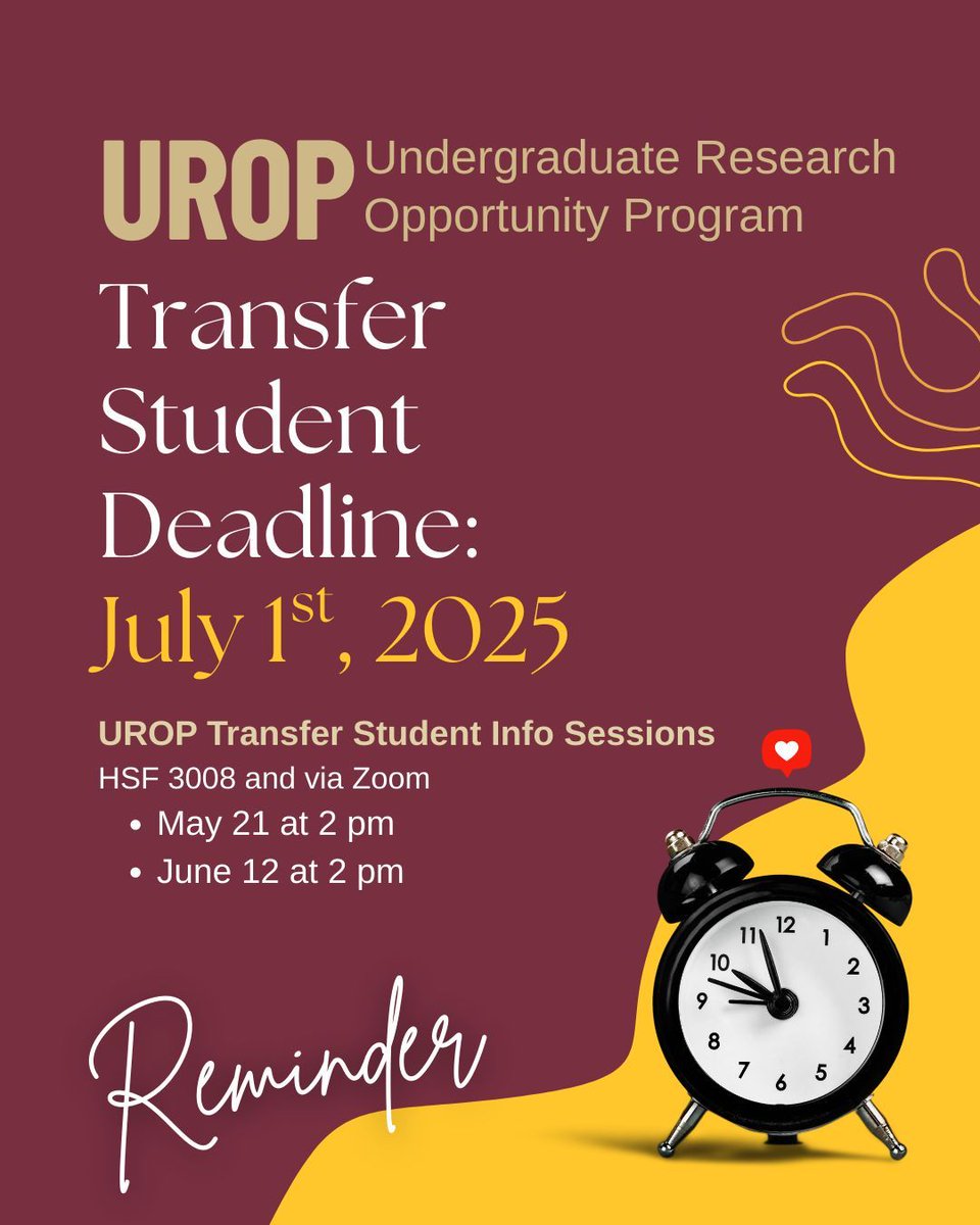 The deadline to apply as a transfer student is July 1st.

Join one of our upcoming info sessions:
May 21 at 2 PM
June 12 at 2 PM
HSF 3008 or Zoom

Transfer students who started in Spring 2025, who are starting in Summer 2025 or Fall 2025 are eligible to apply.