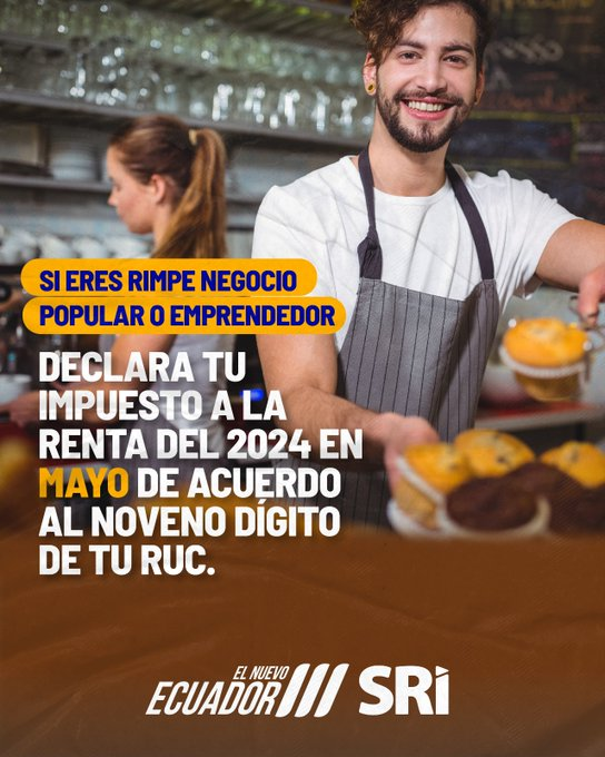 RonaldDomingz_'s tweet photo. ¡Atención contribuyentes Rimpe! 

En mayo de 2025 presenta tu declaración del #ImpuestoALaRenta desde https://t.co/CyM6oPZiaT opçión #SRIenLínea. 

✅ Negocios Populares y Emprendedores, ¡su aporte construye el #NuevoEcuador! https://t.co/iy0bm92M6k