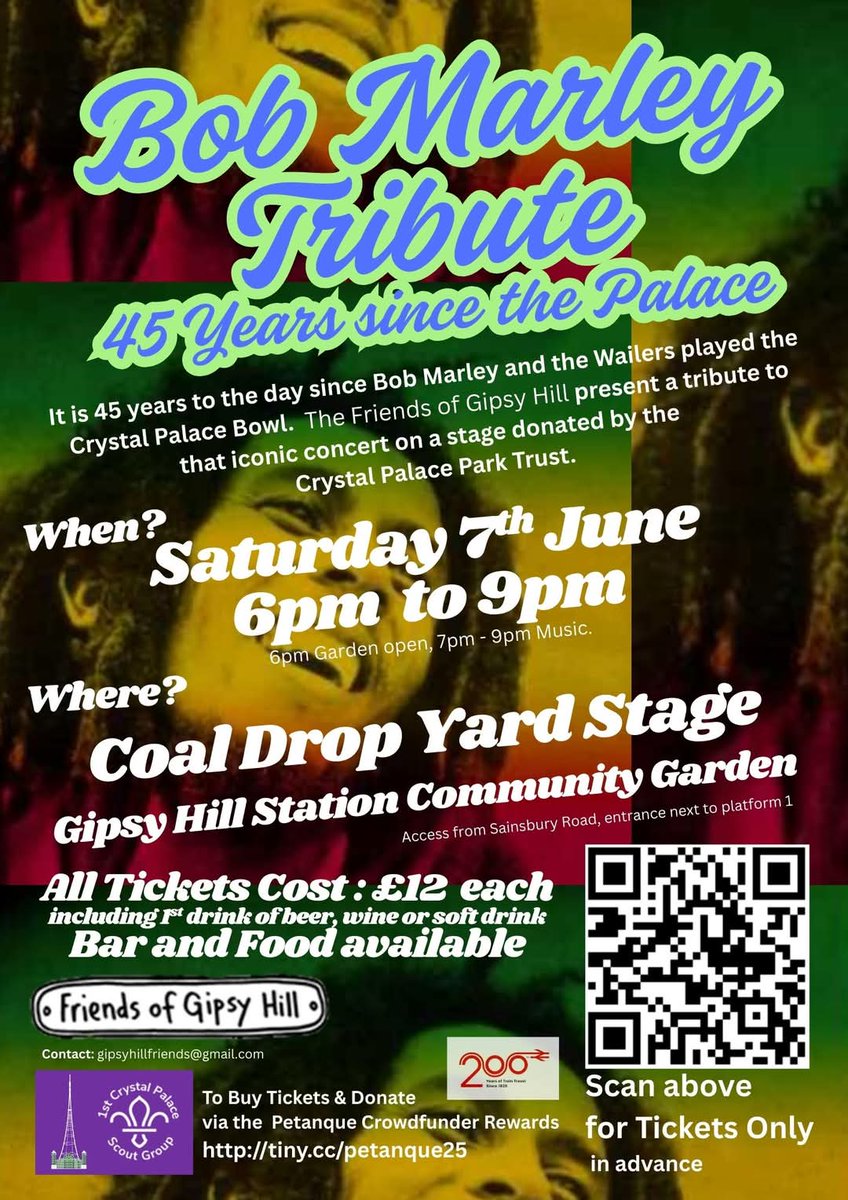 7th June @ Gipsy Hill Station Garden
Bob Marley Tribute band
45 years since the Palace on the Coal Drop Yard Stage
Food, Drink, Music and Great people 

Let's get together and feel alright!!

Get your tickets now.

tickettailor.com/events/friends…