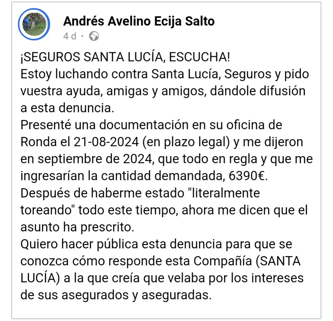 🚨 ALERTA: <a href="/santalucia_seg/">Santalucía Seguros</a> dejó a mi tío sin nada tras un incendio que quemó su hogar. Miles de excusas absurdas, plazos eternos y ahora dicen que "prescribió". ¡No contraten con ellos! 😡 #SantaLucíaIncompetente