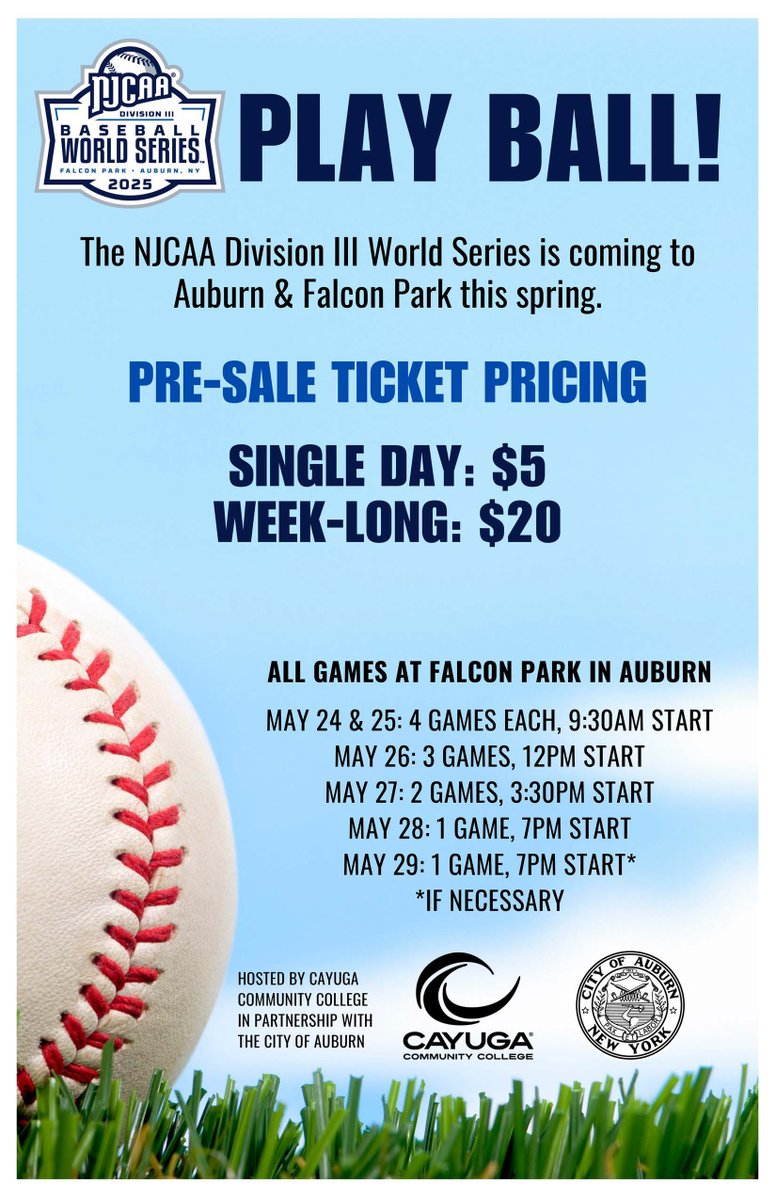 Cayuga Comm College (@cayugacc) on Twitter photo One week left of half-price presale tickets for the @njcaa Division III World Series Baseball Championship, back at Falcon Park from May 24-May 28/29!
#NJCAA #baseballworldseries #auburnNY #cayugacommunitycollege #FalconPark <a href="/_cityofauburn/">City of Auburn, NY</a> <a href="/CCCSpartans/">Cayuga Community College Spartans</a> One week left of half-price presale tickets for the @njcaa Division III World Series Baseball Championship, back at Falcon Park from May 24-May 28/29!
#NJCAA #baseballworldseries #auburnNY #cayugacommunitycollege #FalconPark <a href="/_cityofauburn/">City of Auburn, NY</a> <a href="/CCCSpartans/">Cayuga Community College Spartans</a>