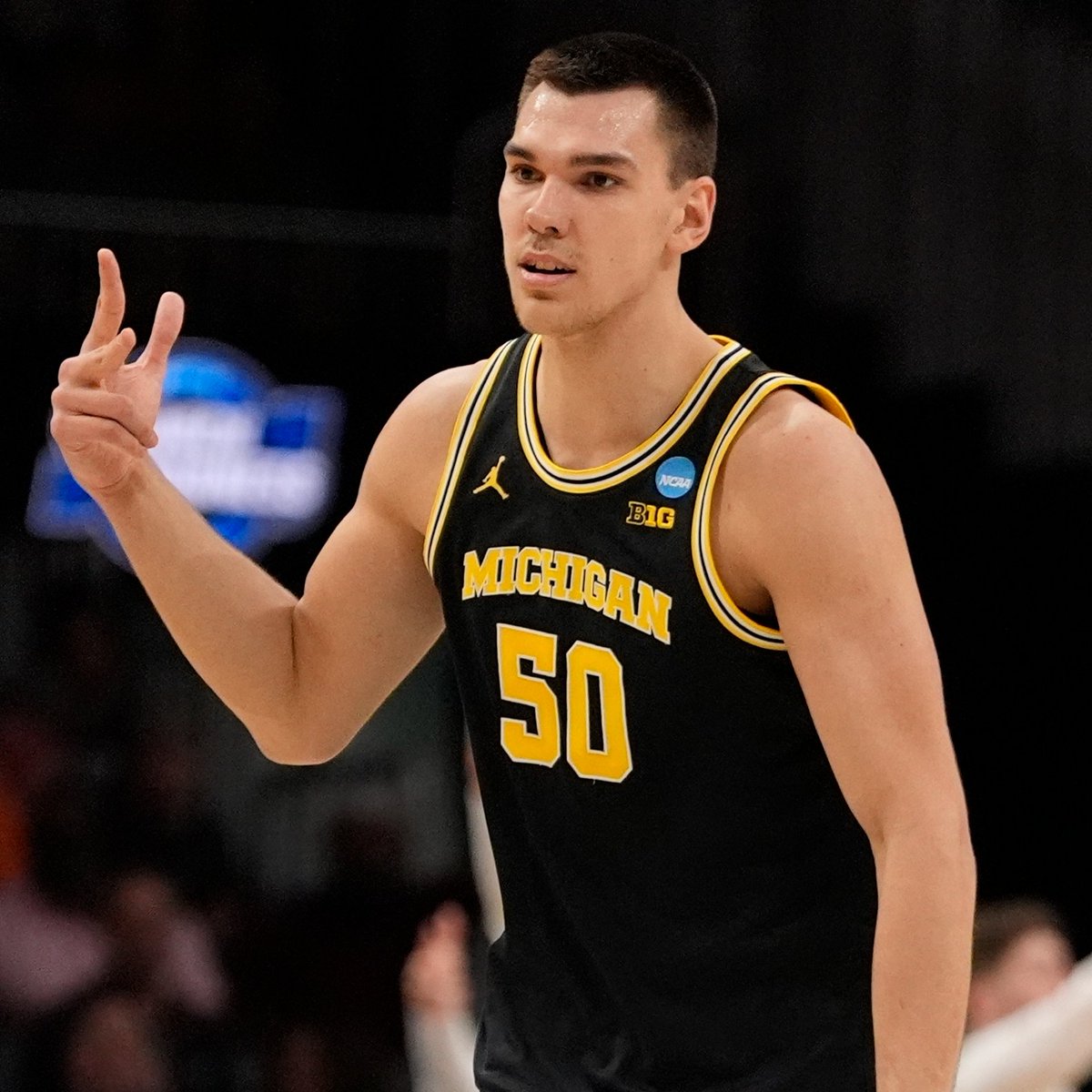 Michigan’s Vlad Goldin’s official measurements from the NBA Draft Combine:

7’0" barefoot, 253.4 lbs with a 7’5 ¼" wingspan and 9’3” standing reach

Russian big definitely has the size/length/reach/bulk to battle with NBA bigs from day one.