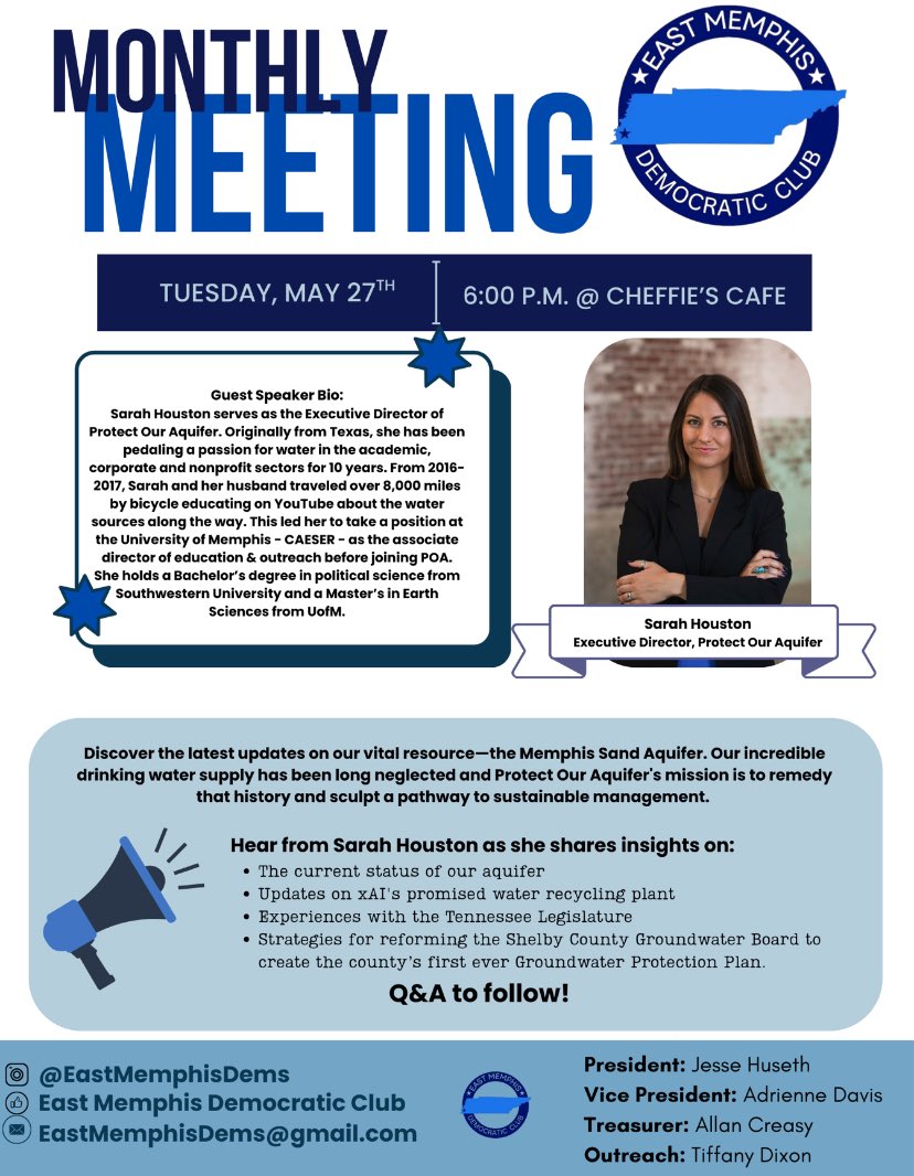 EastMemphisDems (@eastmemphisdems) on Twitter photo Join us Tuesday, May 27th, 6pm at Cheffie's, as we welcome Sarah Houston(<a href="/WanderLikeWater/">Sarah Houston</a>), Executive Director of @ProtectOurAquifer. Sarah will be talking about issues concerning Xai, air pollution, and our drinking water. Join us Tuesday, May 27th, 6pm at Cheffie's, as we welcome Sarah Houston(<a href="/WanderLikeWater/">Sarah Houston</a>), Executive Director of @ProtectOurAquifer. Sarah will be talking about issues concerning Xai, air pollution, and our drinking water.